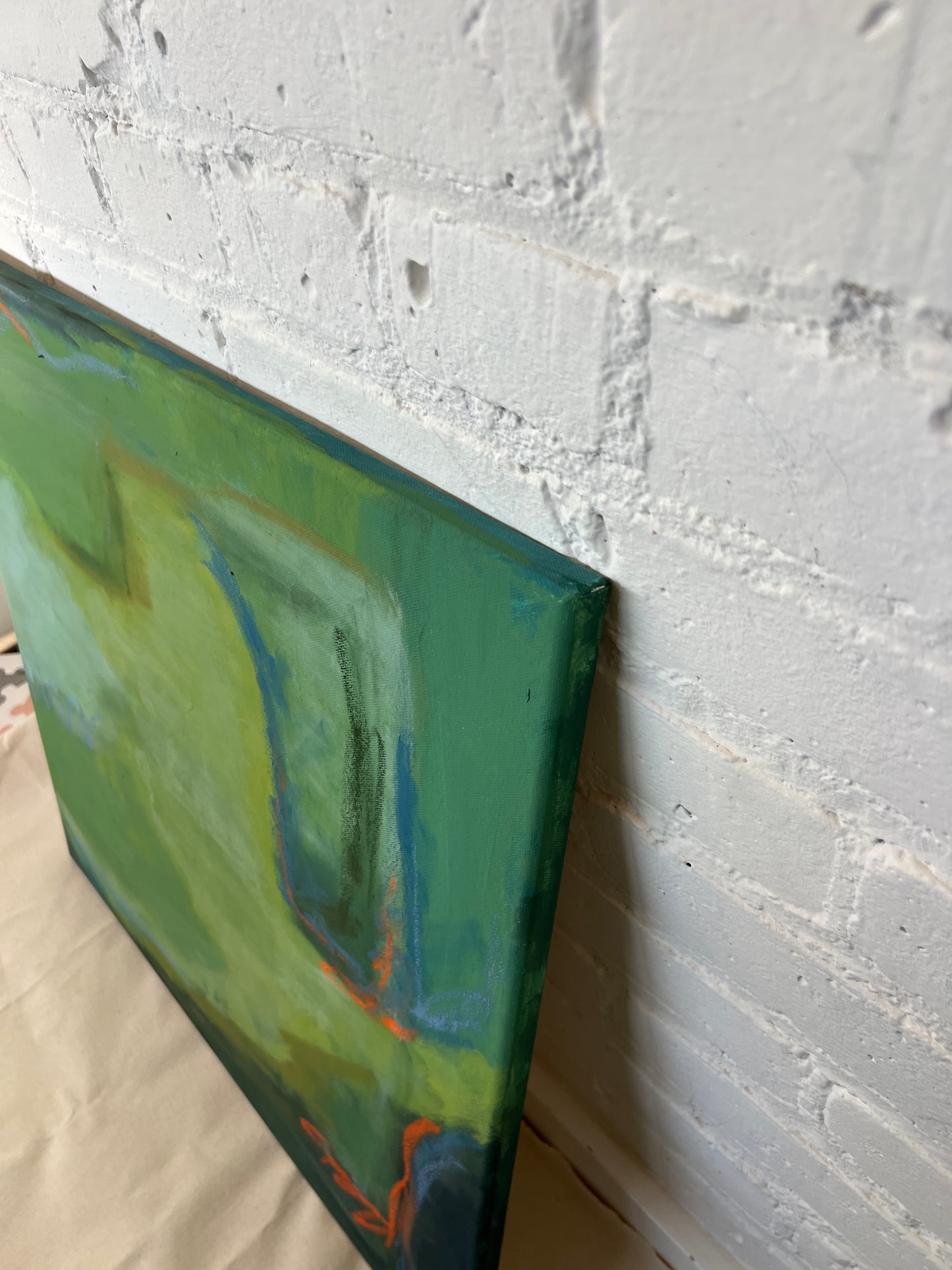 24" x 24" Green Abstract | Acrylic and Oil Stick on Stretched Canvas | "Moss-Covered Rock II"