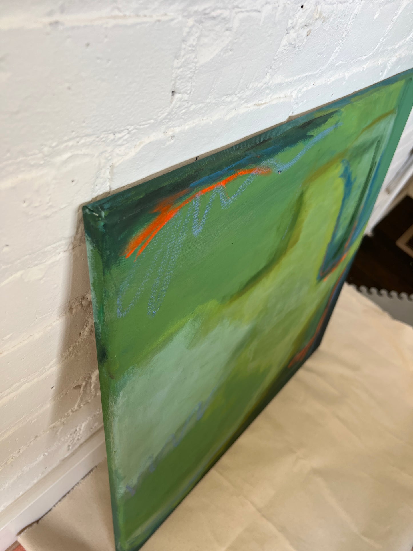24" x 24" Green Abstract | Acrylic and Oil Stick on Stretched Canvas | "Moss-Covered Rock II"