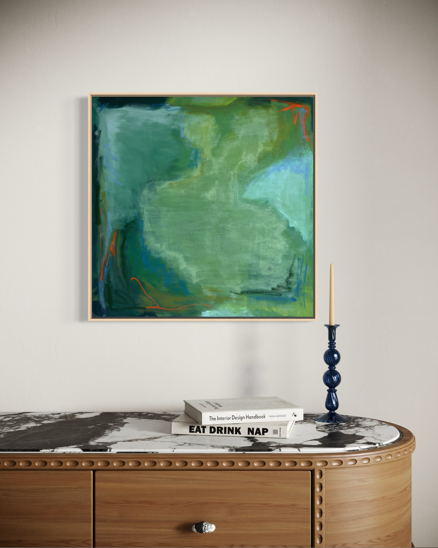 24" x 24" Green Abstract | Acrylic and Oil Stick on Stretched Canvas | "Moss-Covered Rock I"