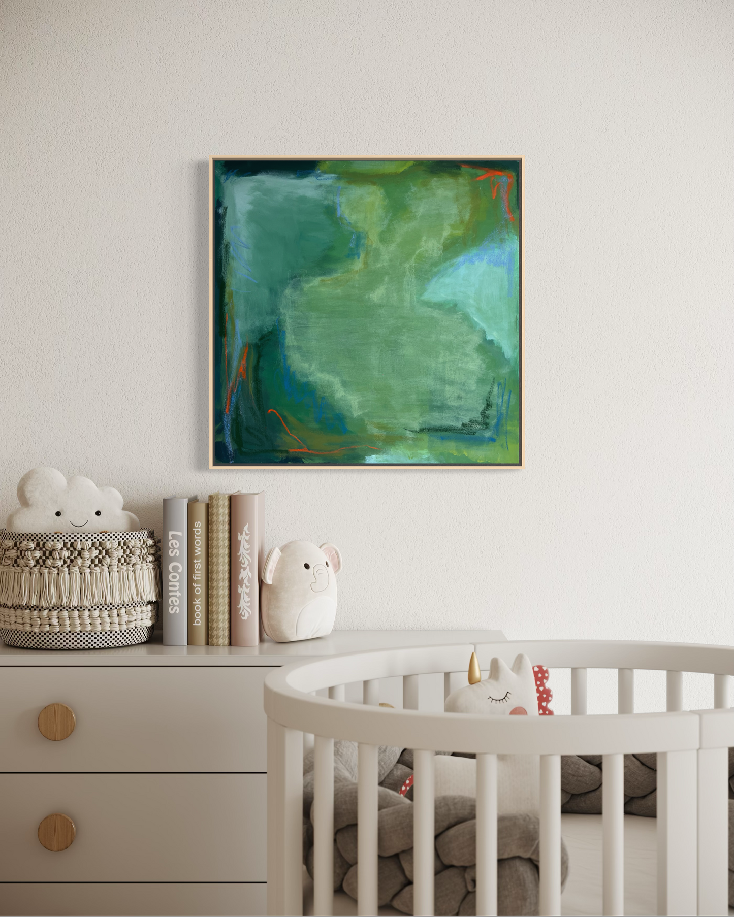 24" x 24" Green Abstract | Acrylic and Oil Stick on Stretched Canvas | "Moss-Covered Rock I"
