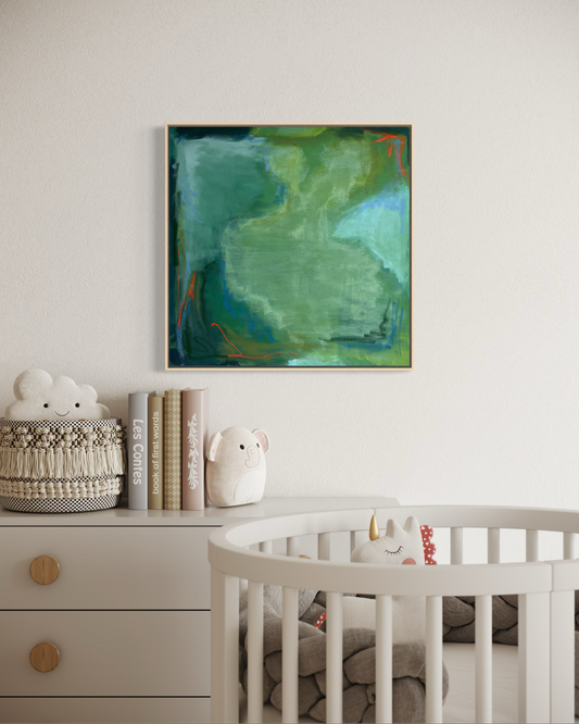 24" x 24" Green Abstract | Acrylic and Oil Stick on Stretched Canvas | "Moss-Covered Rock I"