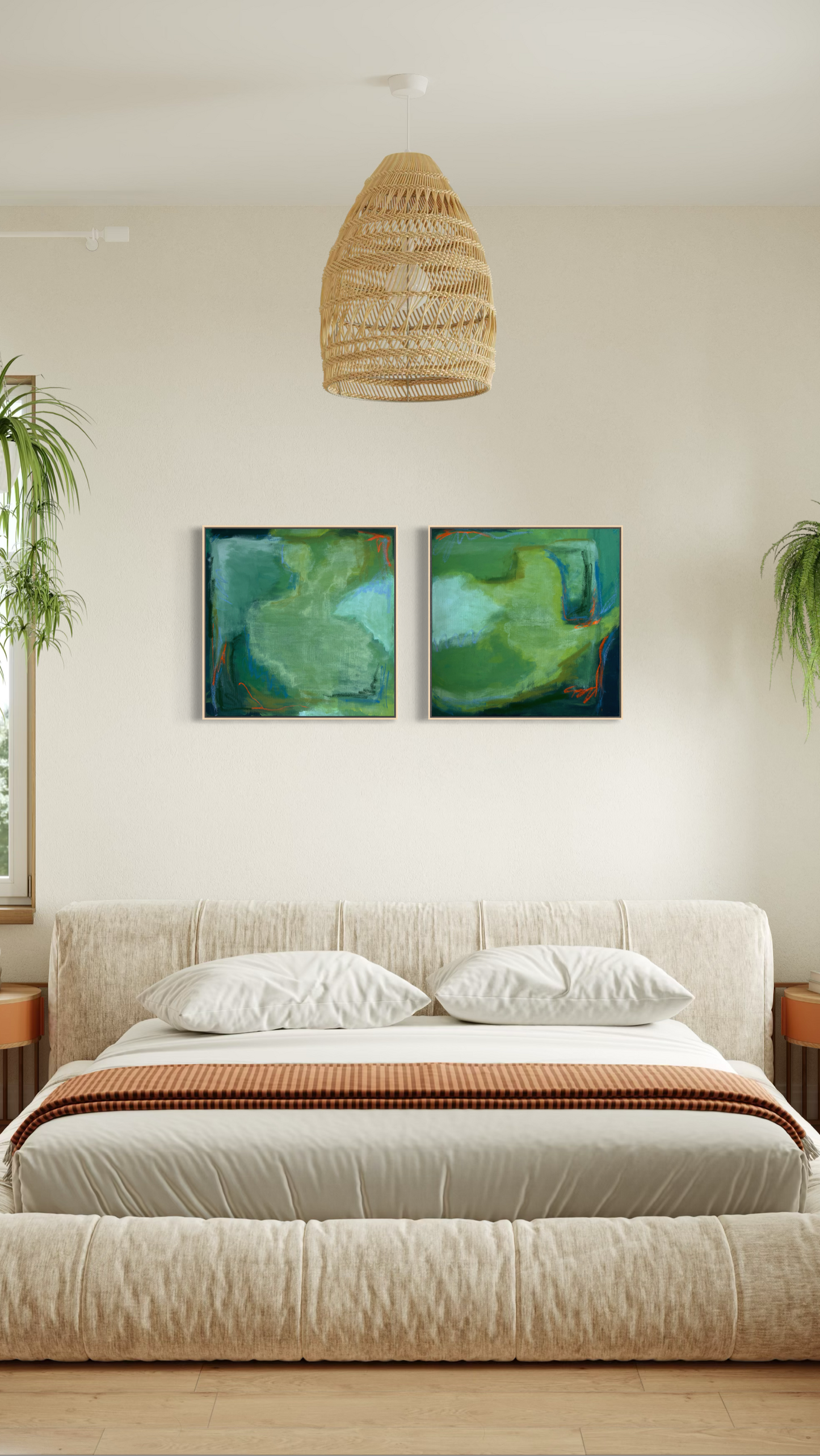 24" x 24" Green Abstract | Acrylic and Oil Stick on Stretched Canvas | "Moss-Covered Rock II"