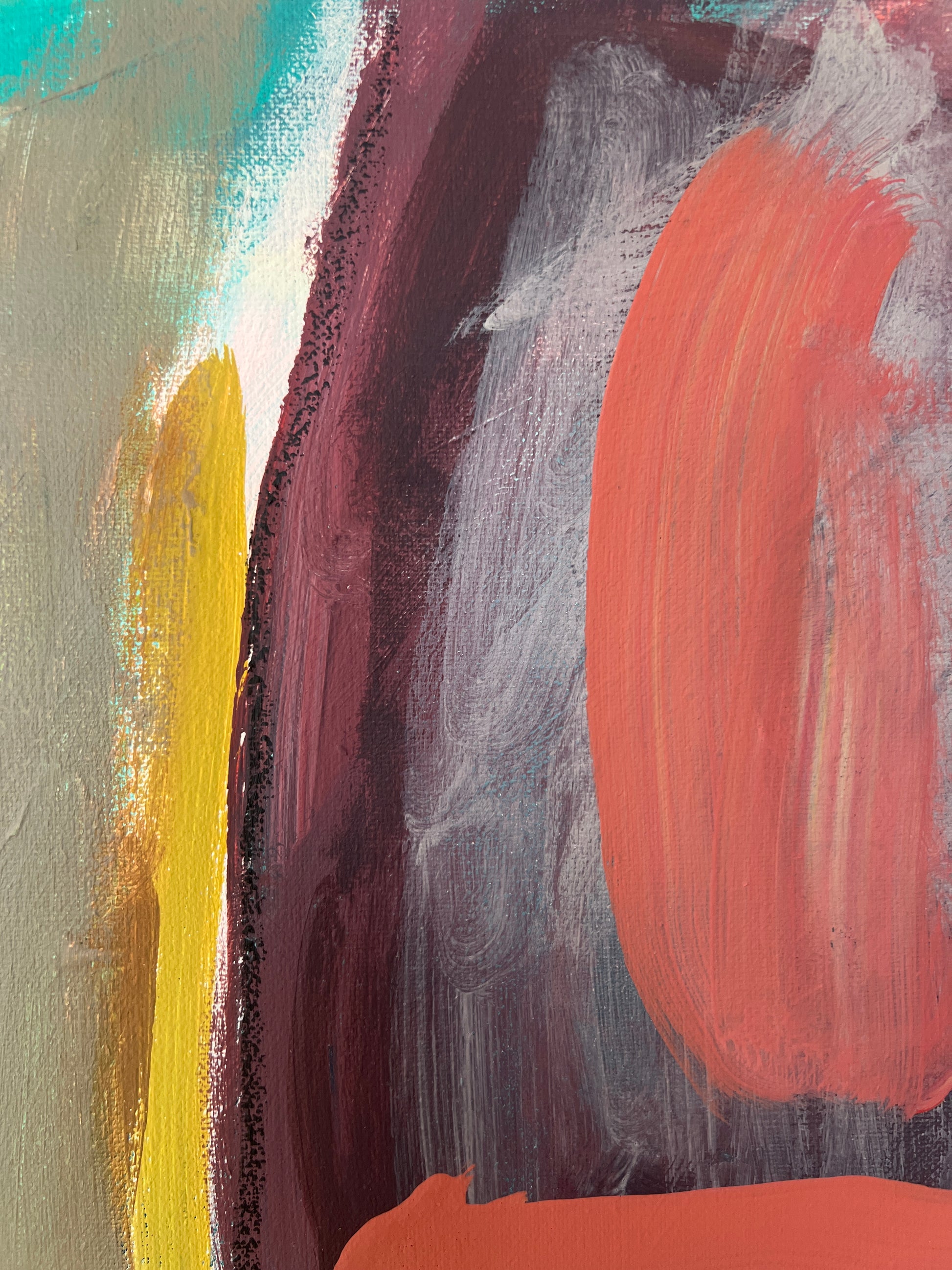 Abstract painting with orange, gray, and yellow brush strokes