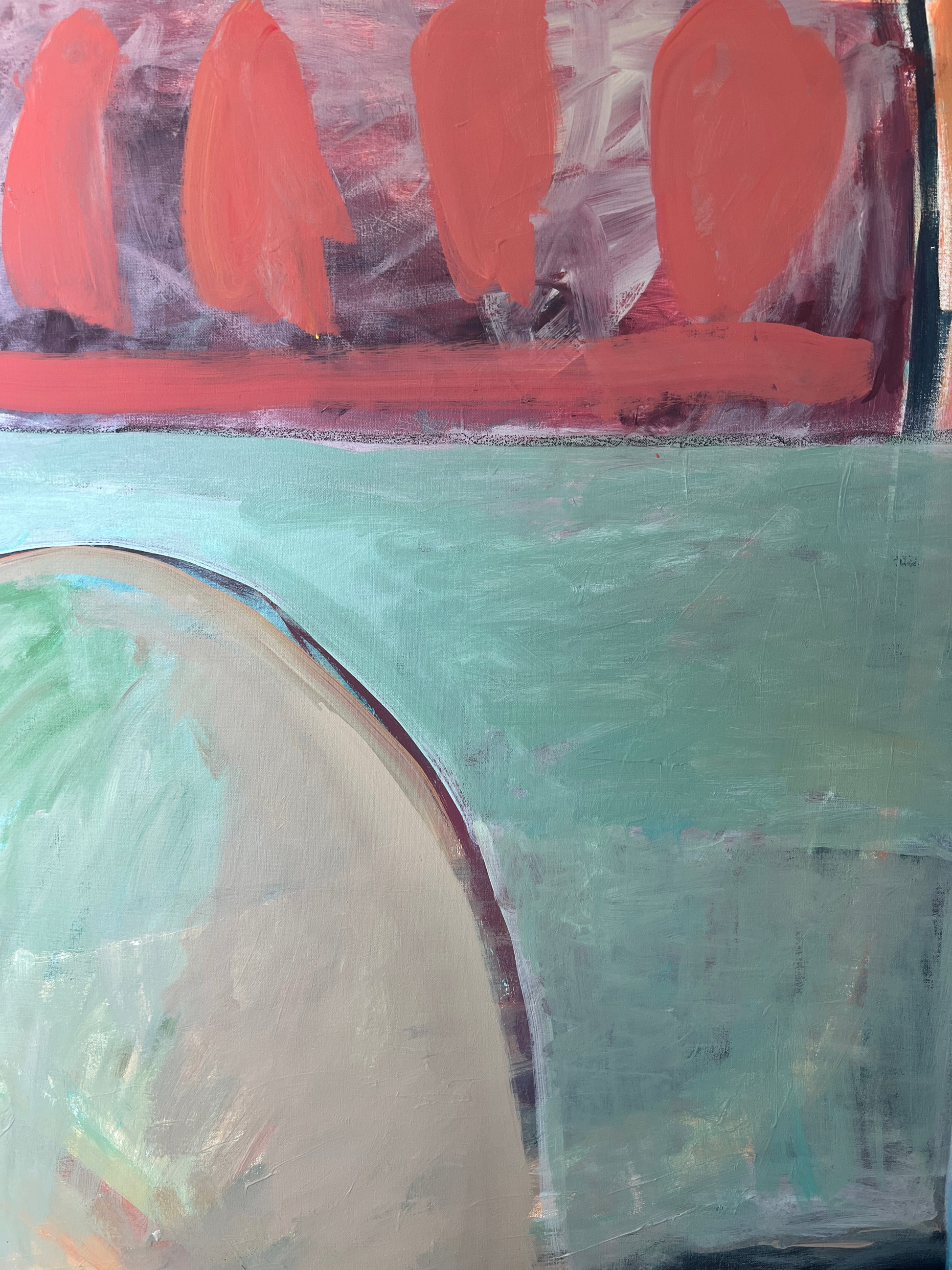 Abstract art with orange shapes on a textured surface