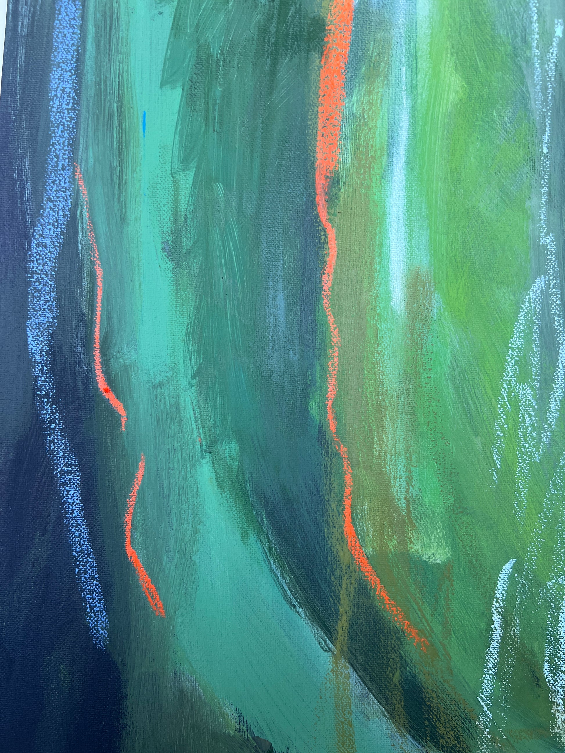 Abstract painting with green, orange, and blue strokes