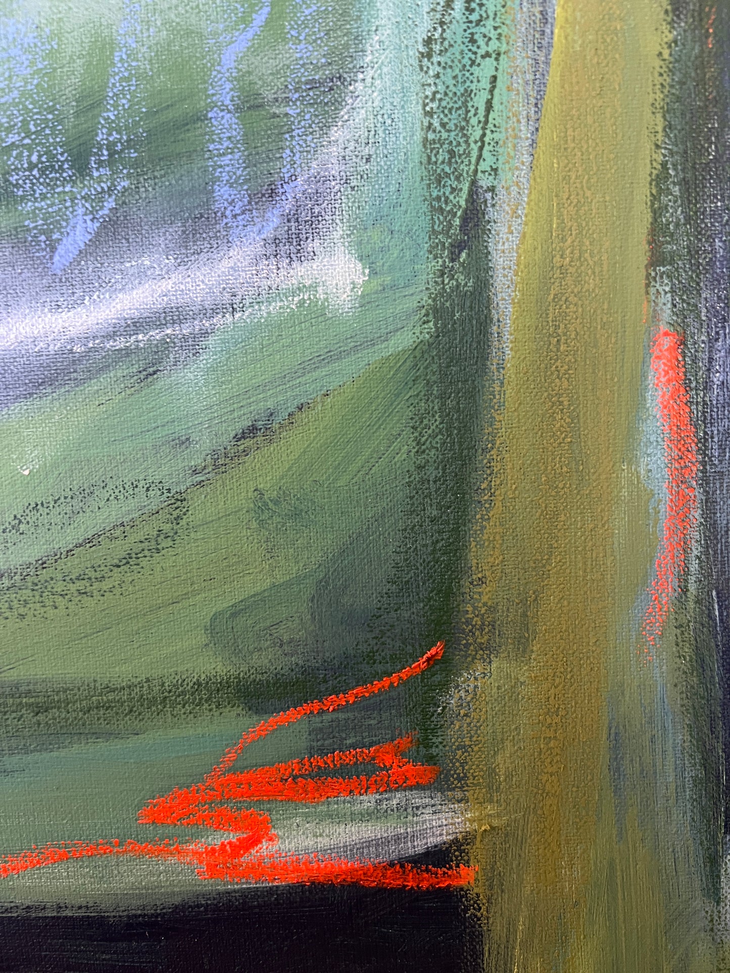 Abstract art with green, orange, and black oil-stick details