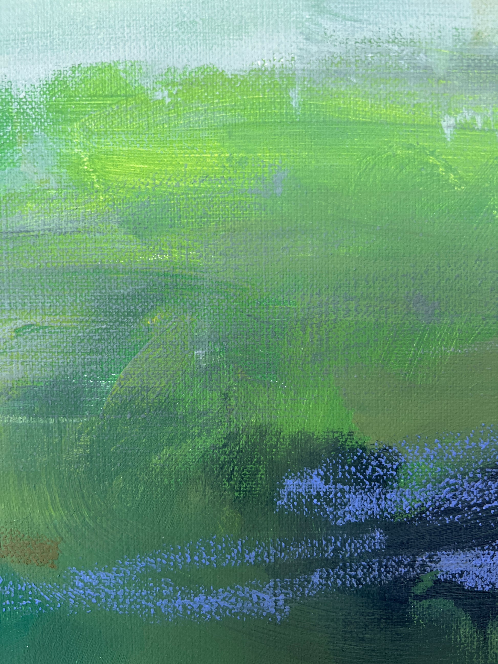 Abstract green, blue, and white acrylic painting with lavender oil-stick details