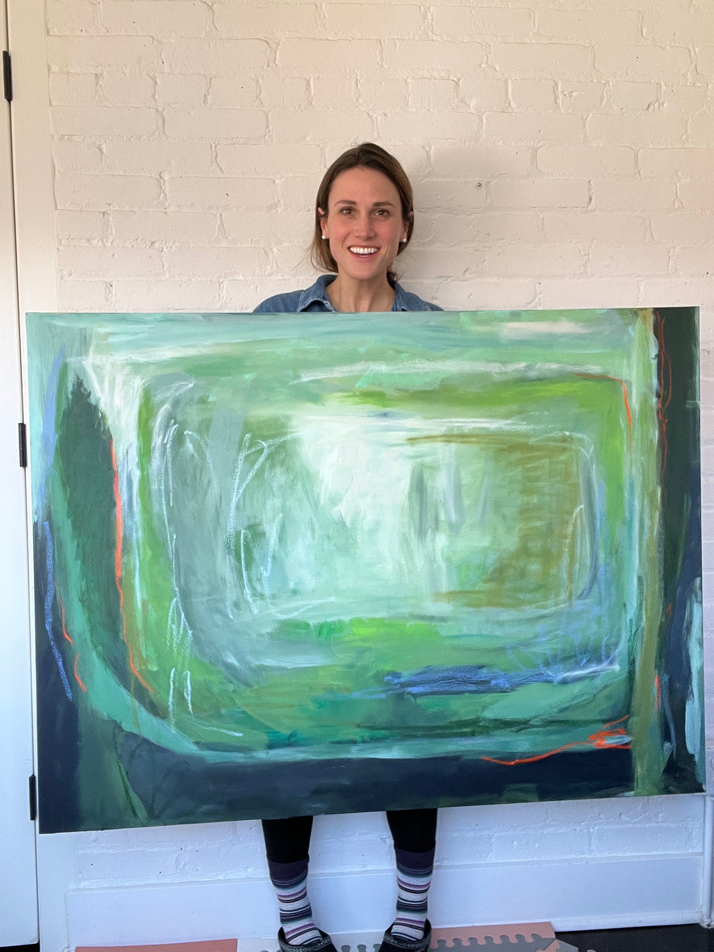 36" x 48" Acrylic and Oil Stick on Canvas | Large Green Abstract Painting