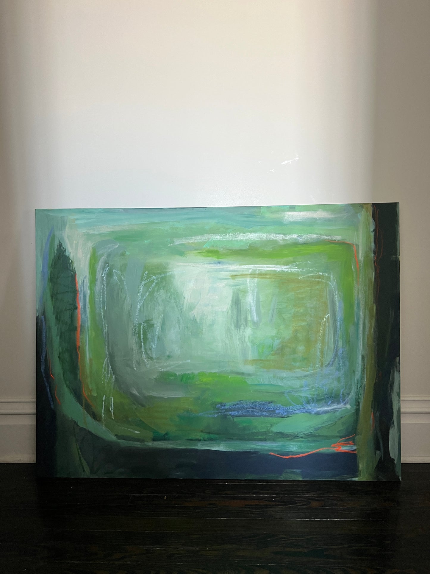 36" x 48" Acrylic and Oil Stick on Canvas | Large Green Abstract Painting