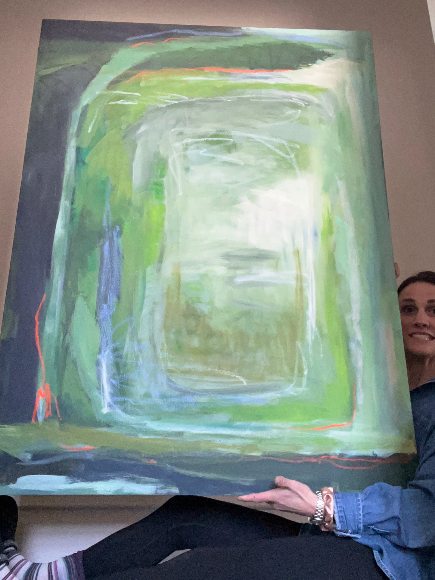 36" x 48" Acrylic and Oil Stick on Canvas | Large Green Abstract Painting