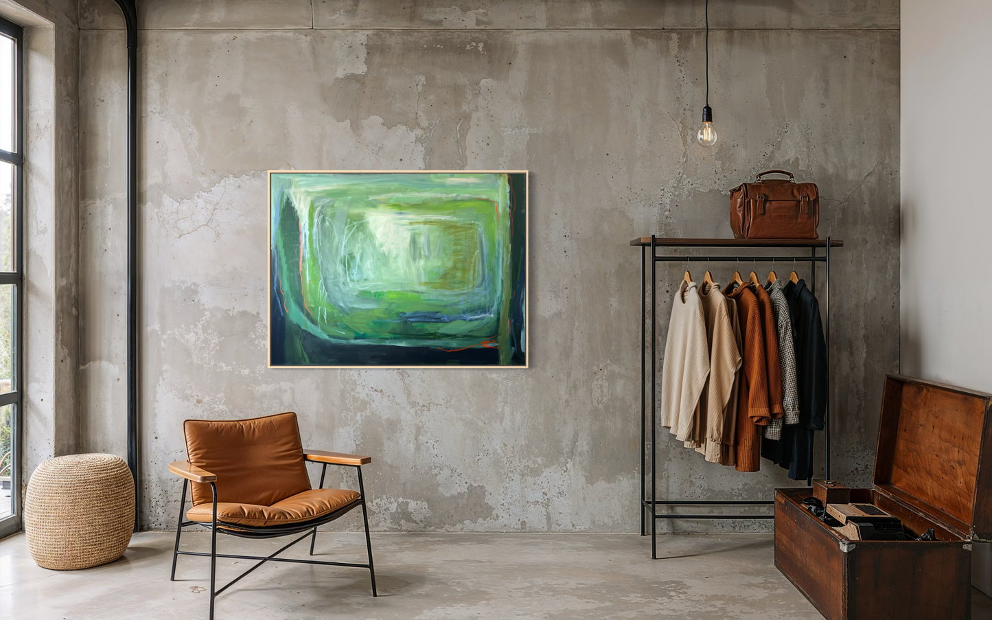 Modern interior with abstract painting, brown chair, and clothing rack.