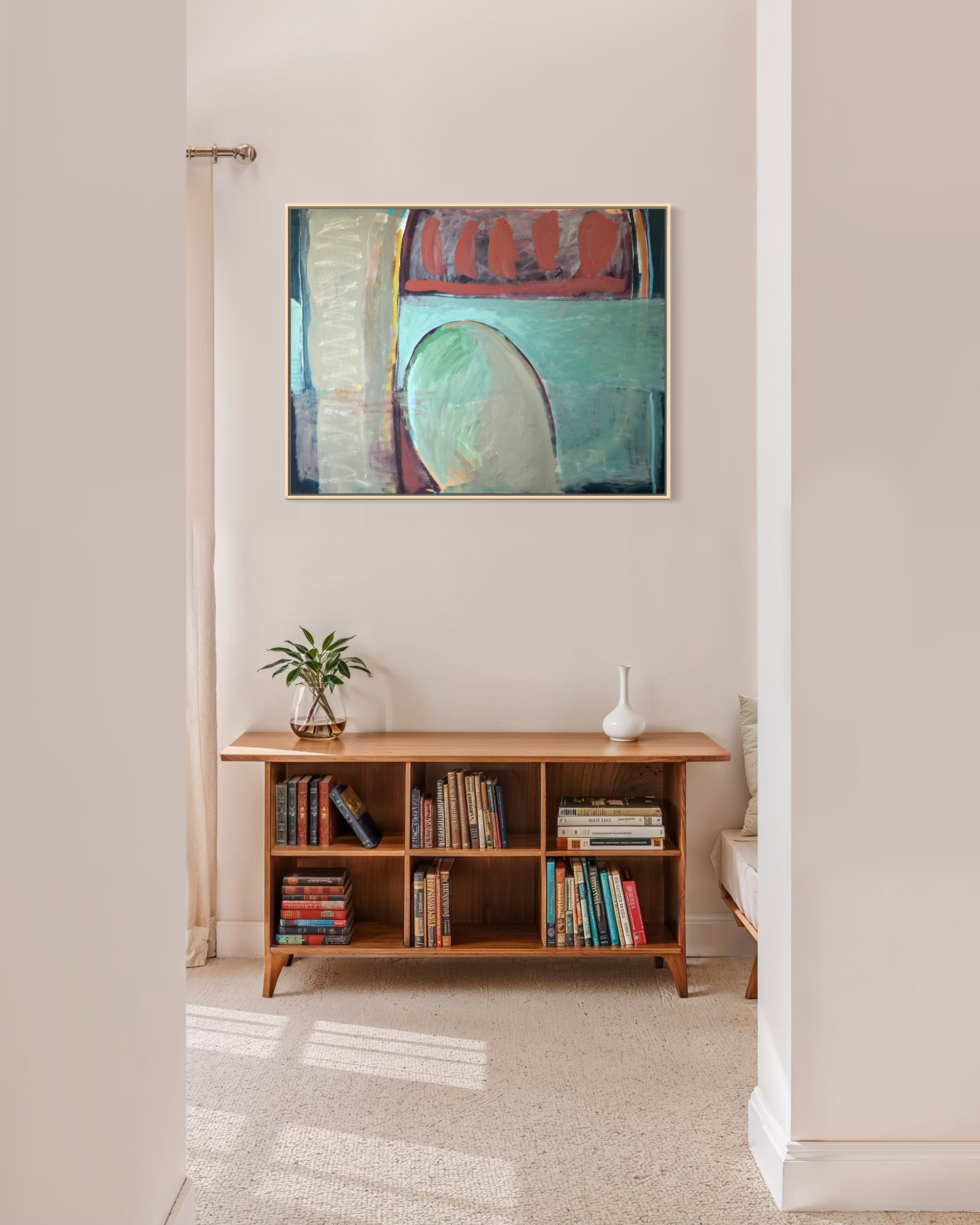 Modern interior with a wooden shelf and abstract painting on a white wall.