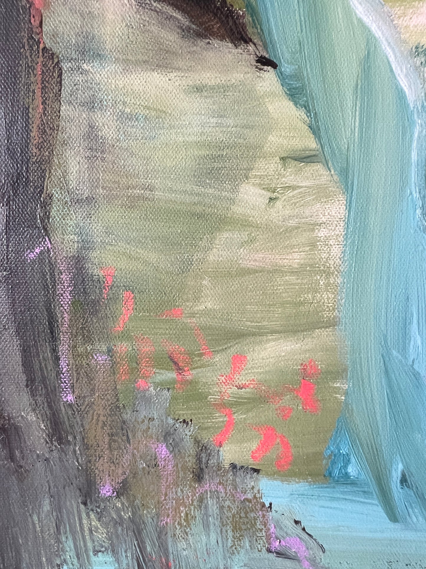 Abstract art with textured surface and pink abstract shapes