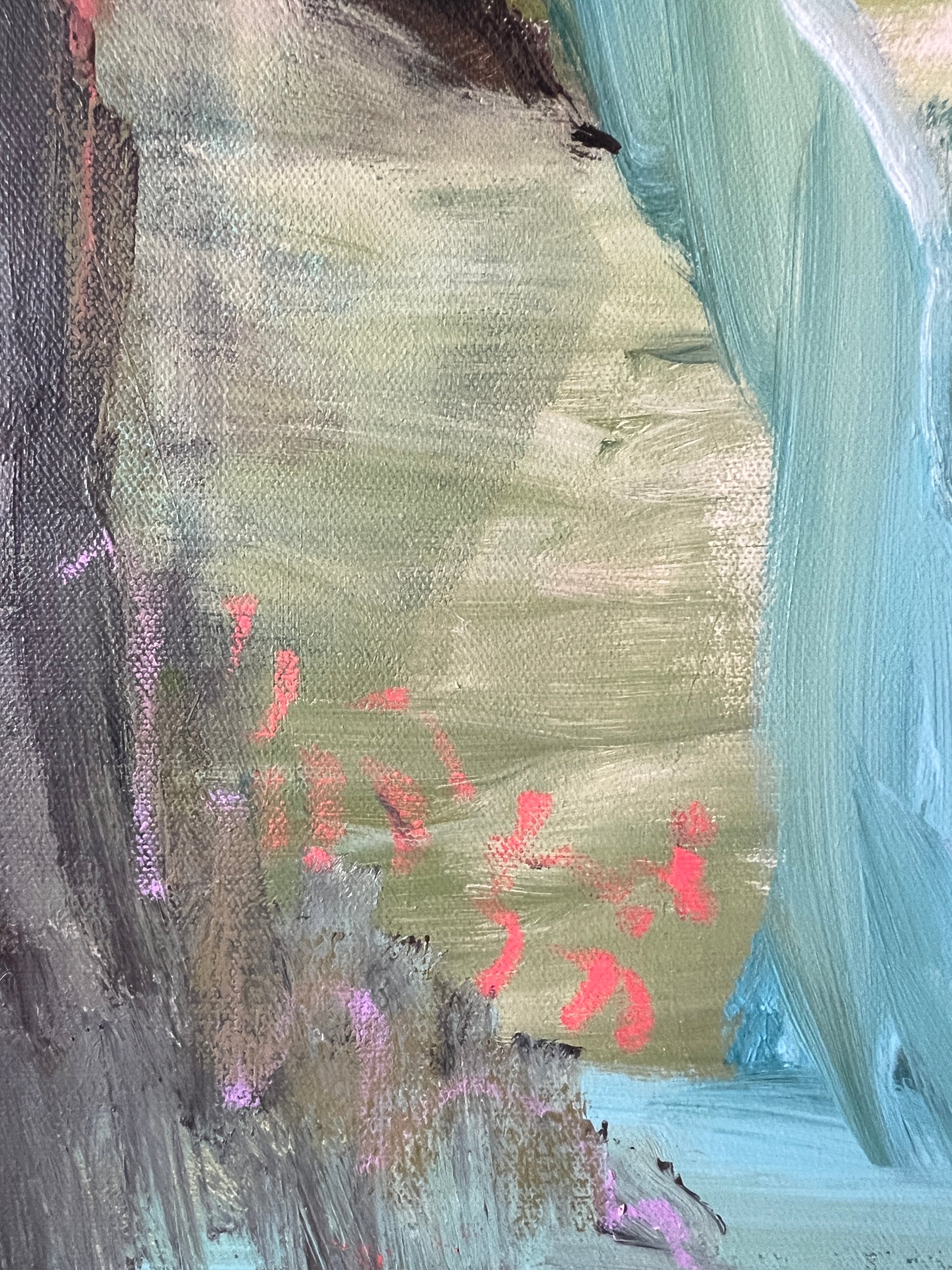 Abstract art with textured surface and pink abstract shapes