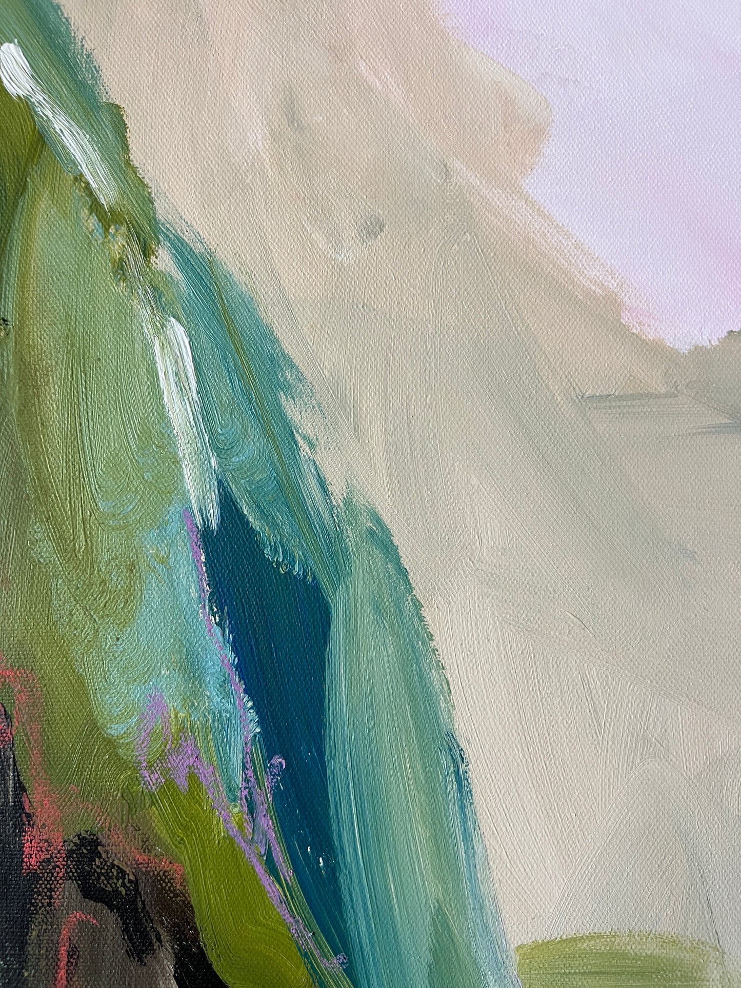 Abstract painting with green, blue, and beige colors