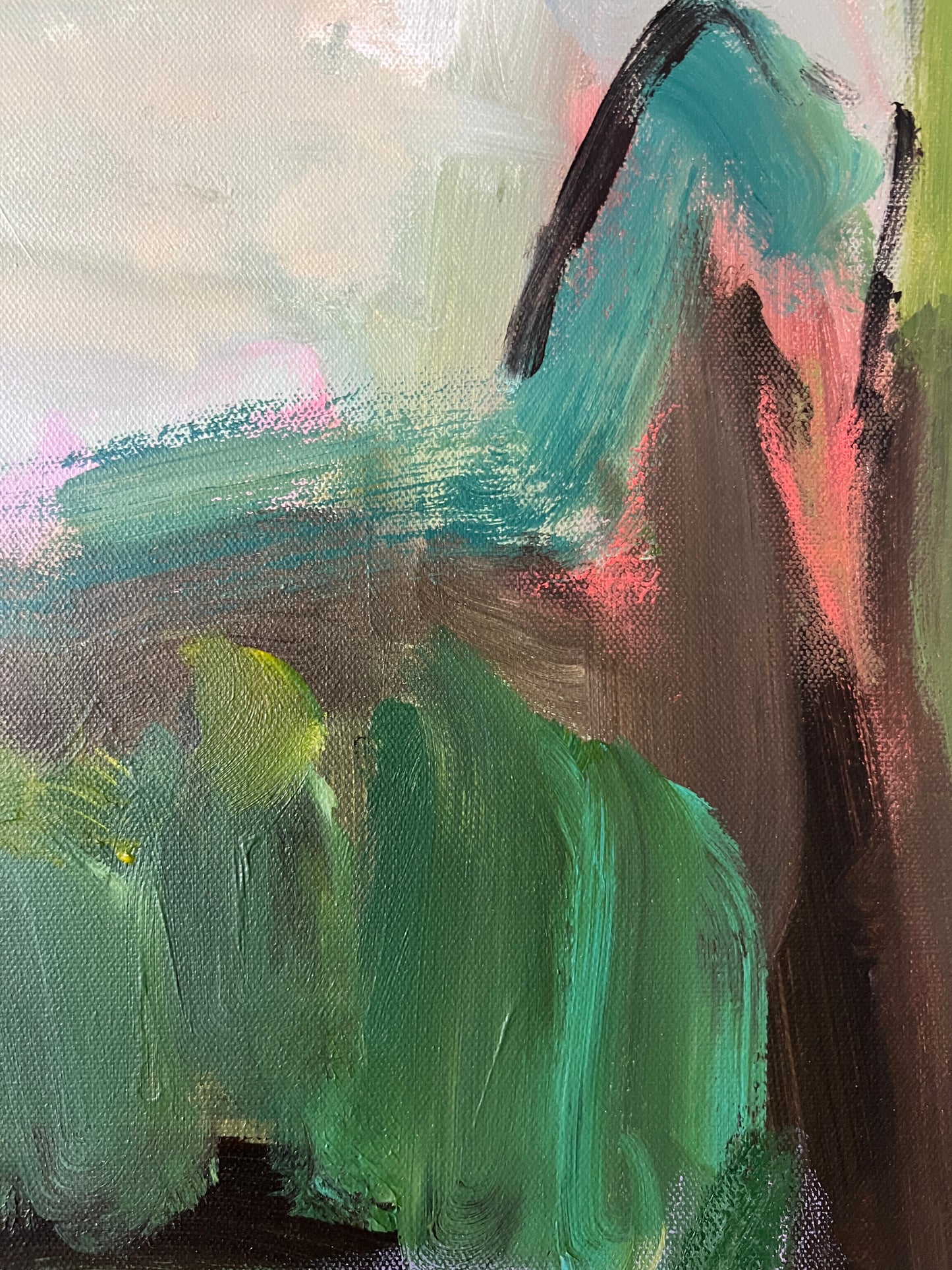 Abstract painting with brush strokes in green, brown, and pink on a textured surface.