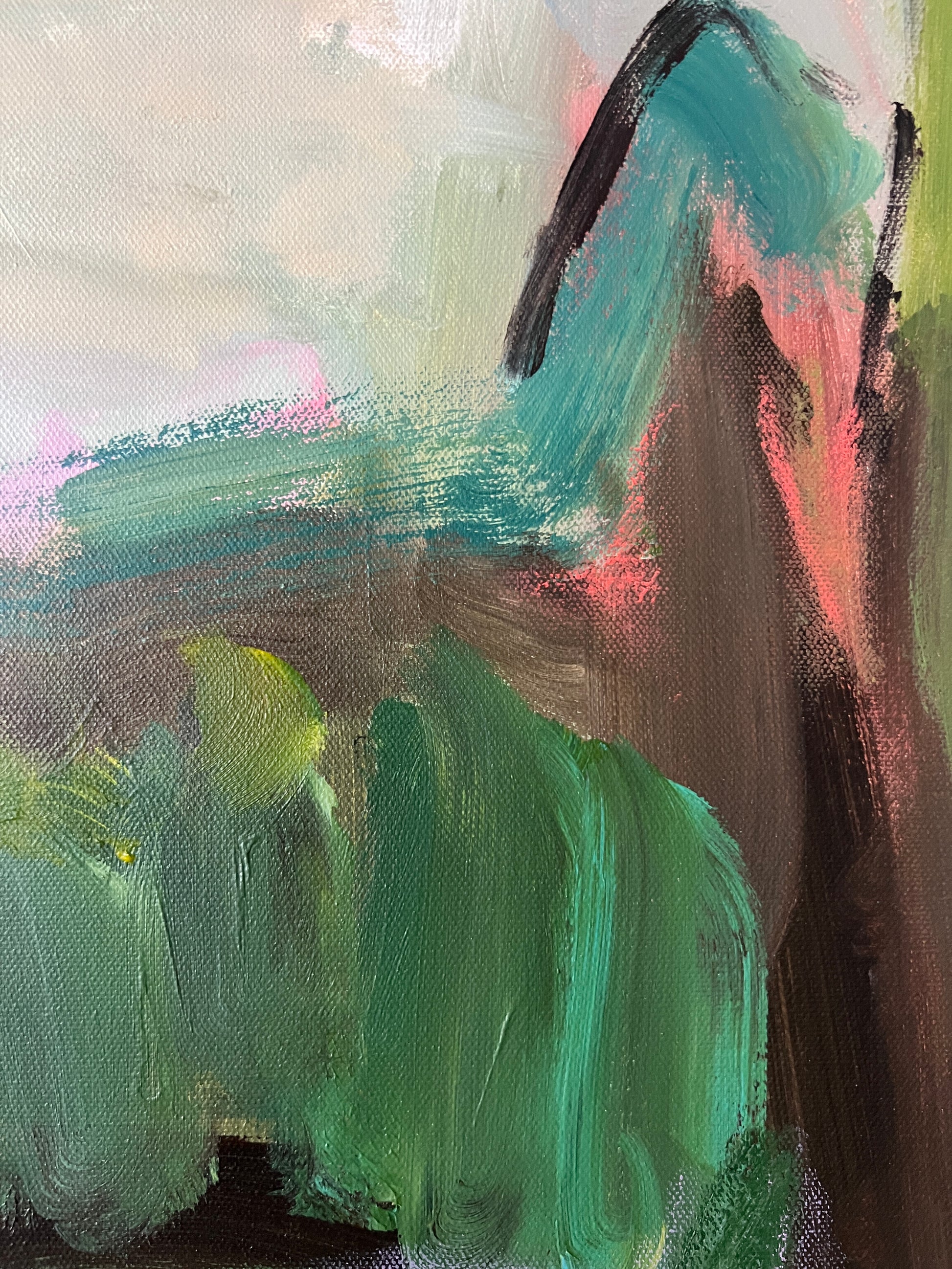 Abstract painting with brush strokes in green, brown, and pink on a textured surface.