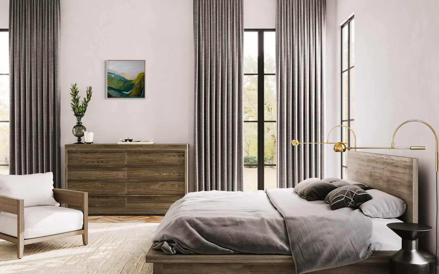 Modern bedroom with wooden furniture, bed, and decor with a framed landscape painting above the dresser

