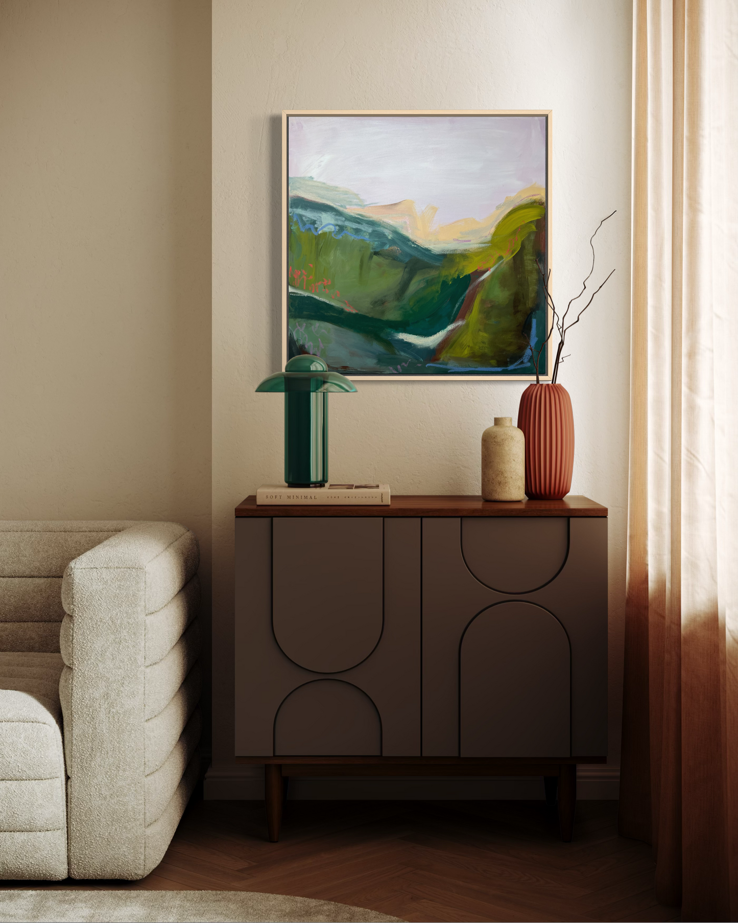 Room interior with a sideboard, decorative vases, and a painting on the wall.