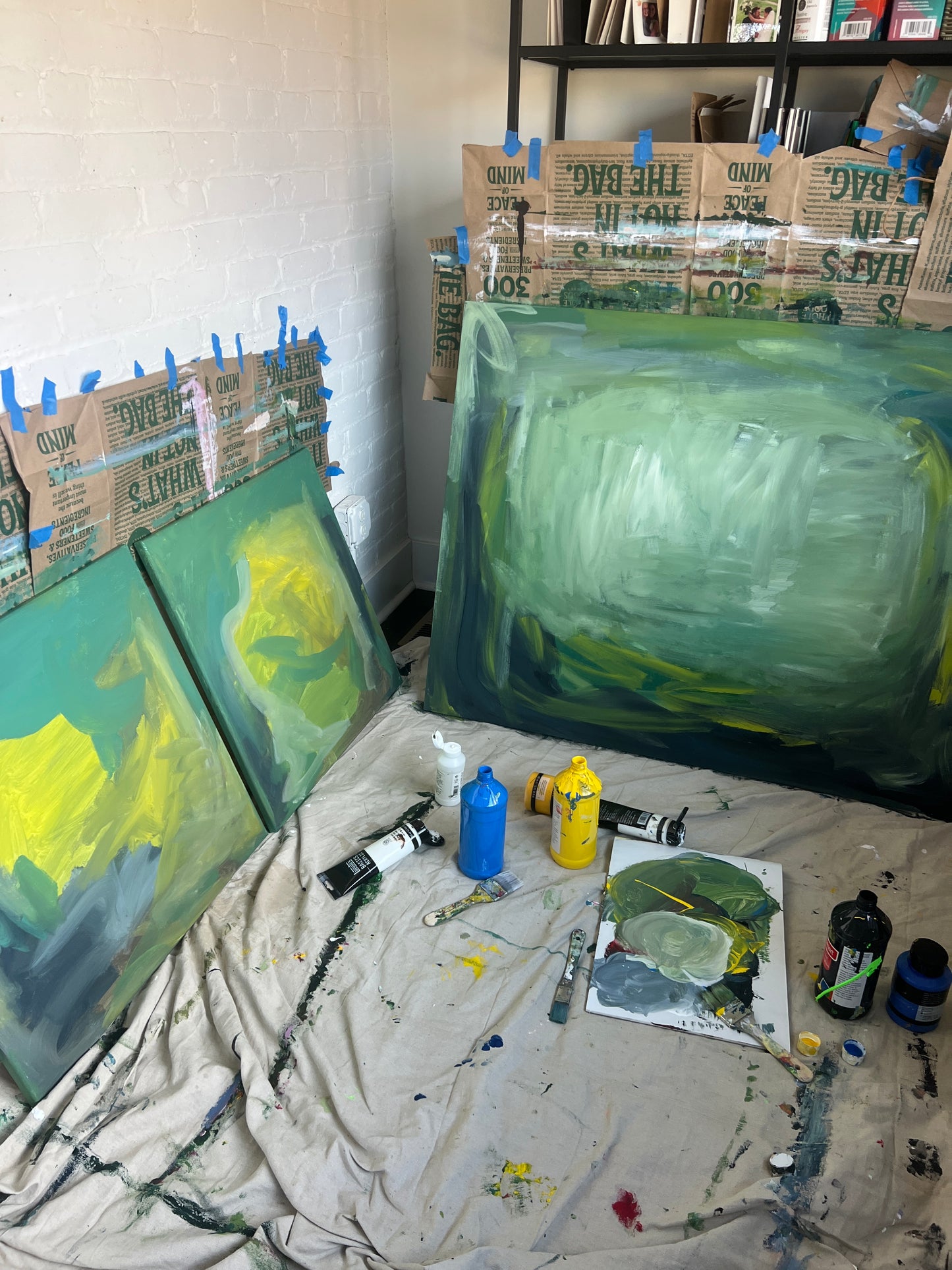 36" x 48" Acrylic and Oil Stick Green Abstract