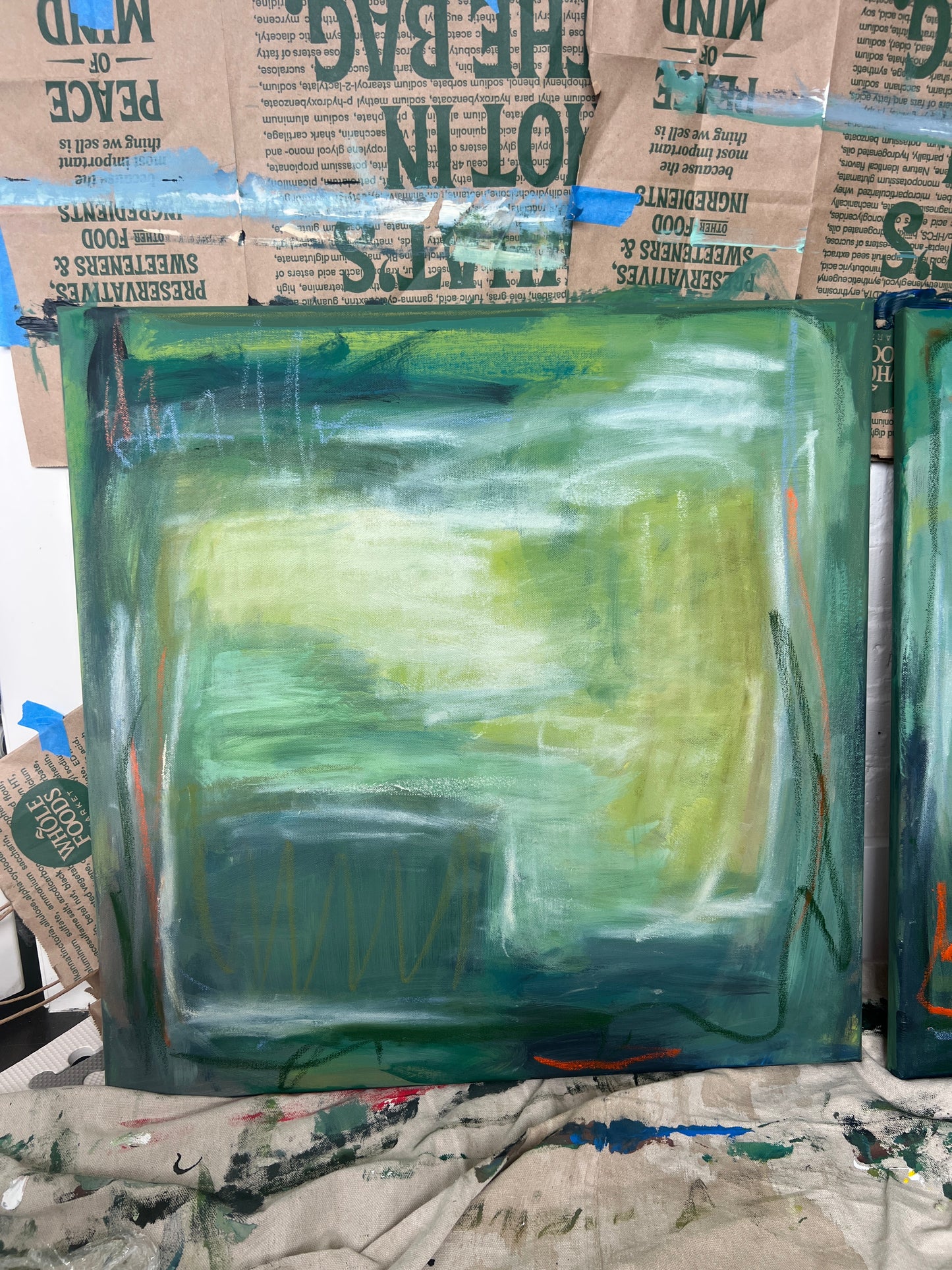 24" x 24" Framed Acrylic and Oil Stick Green Abstract