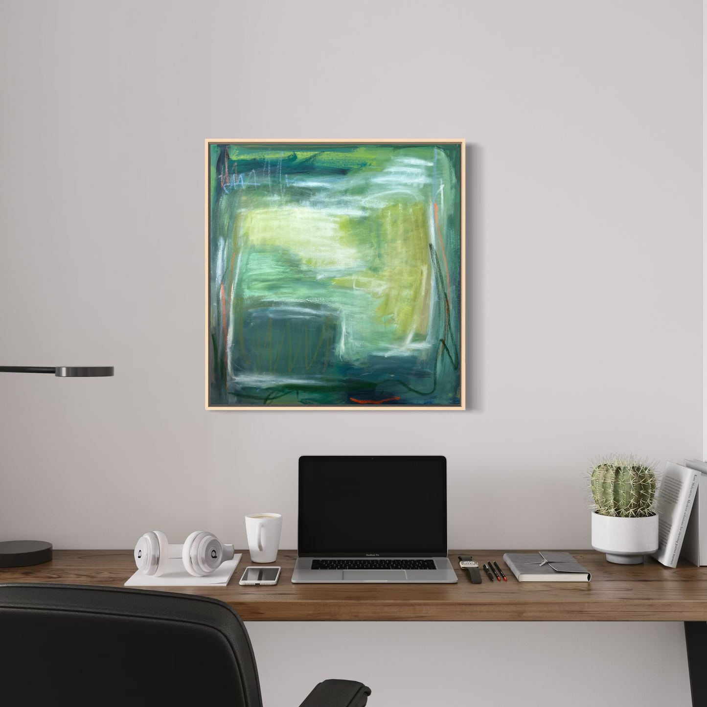 24" x 24" Framed Acrylic and Oil Stick Green Abstract