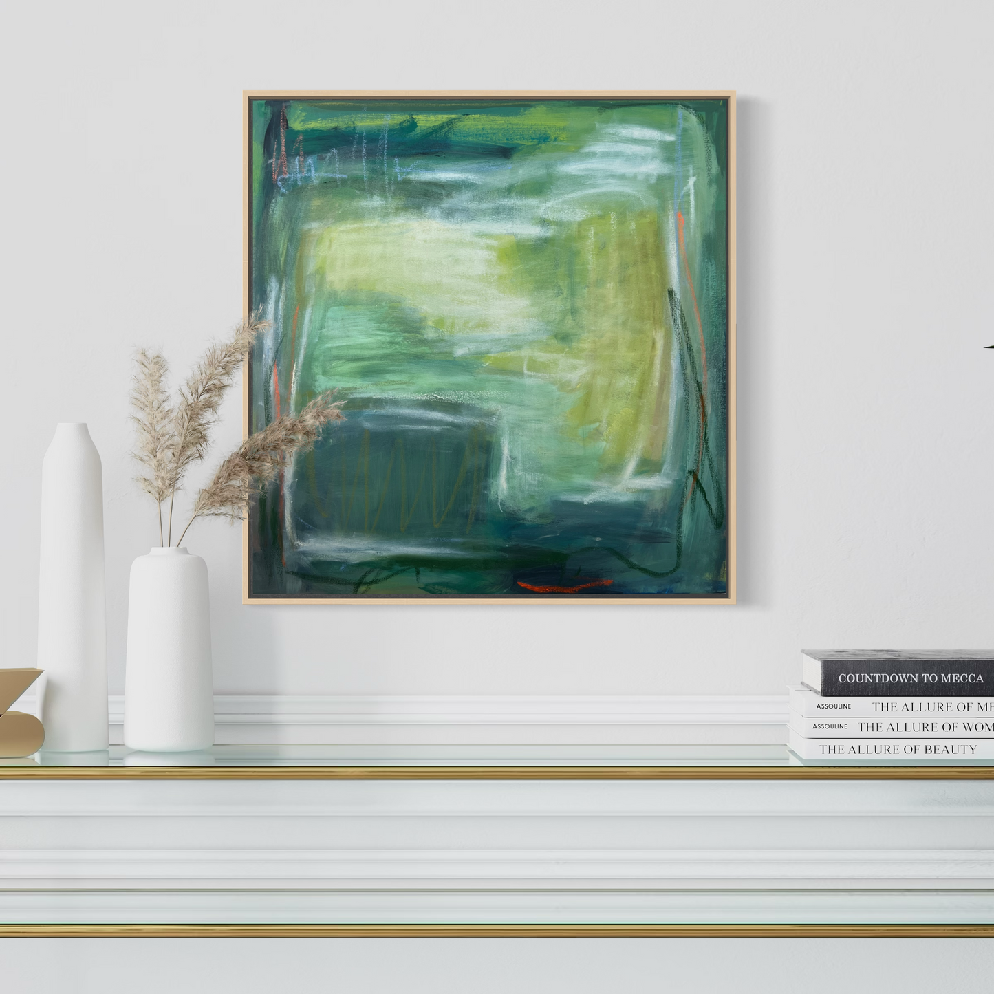 24" x 24" Framed Acrylic and Oil Stick Green Abstract
