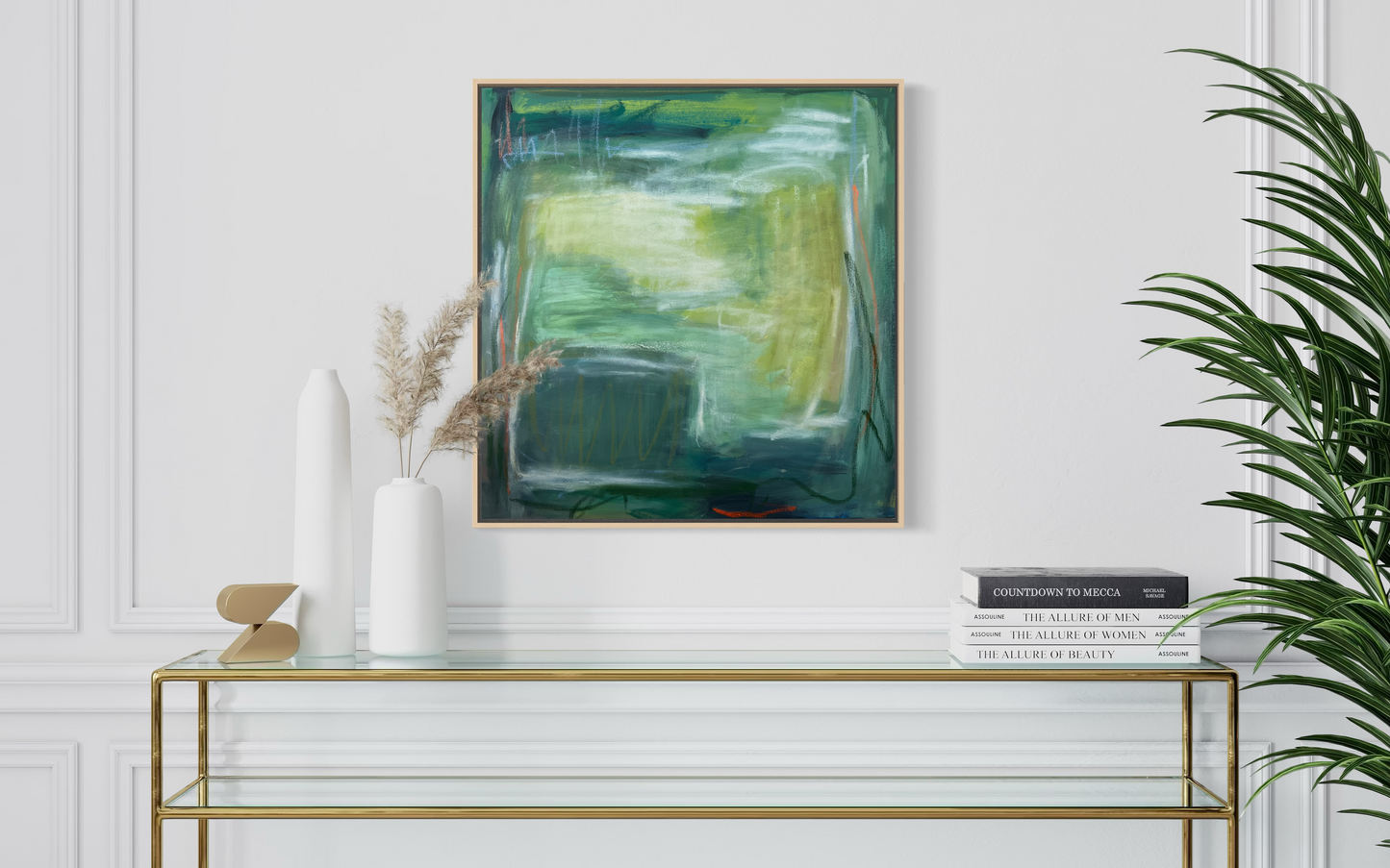 24" x 24" Framed Acrylic and Oil Stick Green Abstract