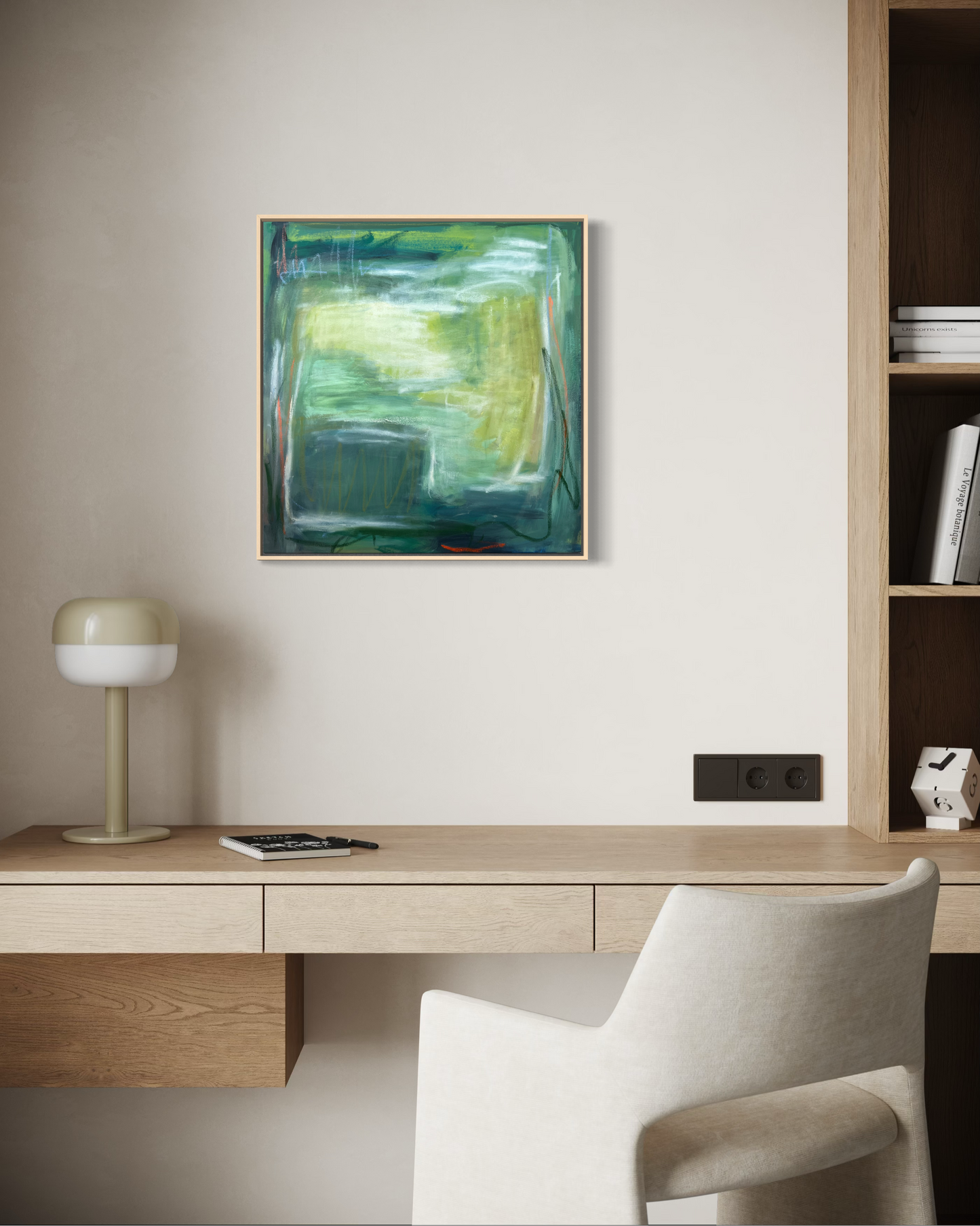 24" x 24" Framed Acrylic and Oil Stick Green Abstract