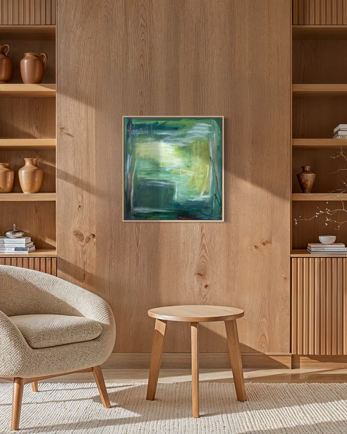 24" x 24" Framed Acrylic and Oil Stick Green Abstract