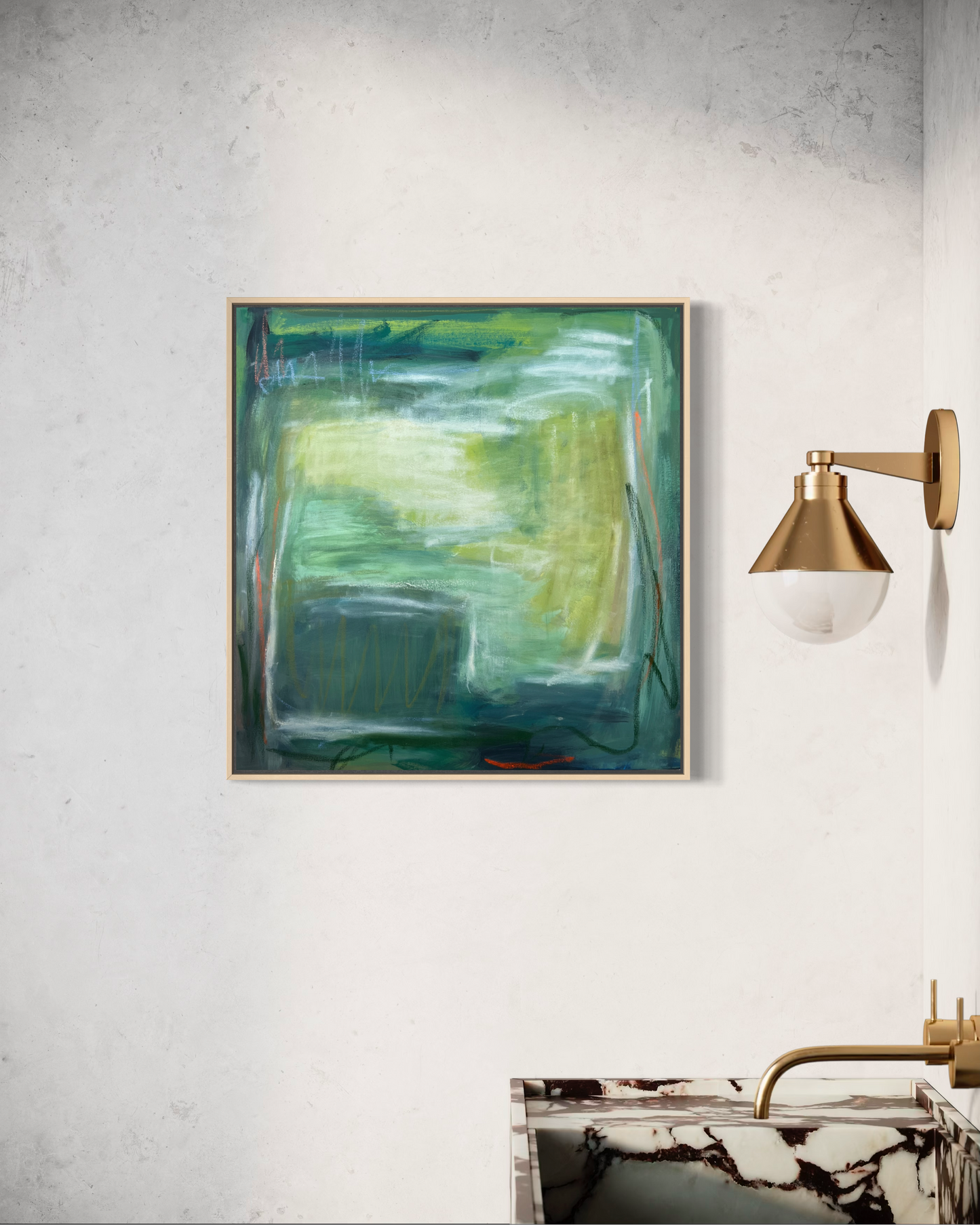 24" x 24" Framed Acrylic and Oil Stick Green Abstract