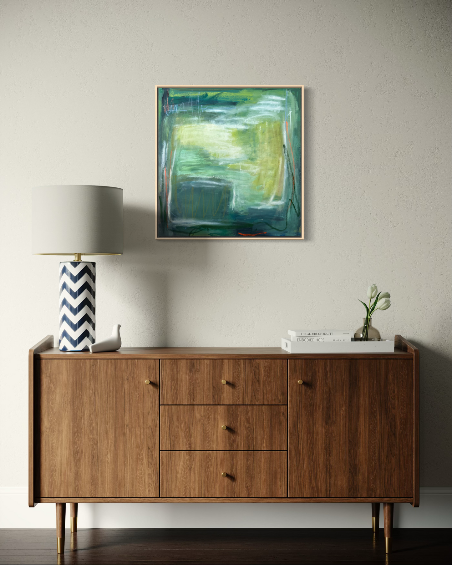 24" x 24" Framed Acrylic and Oil Stick Green Abstract