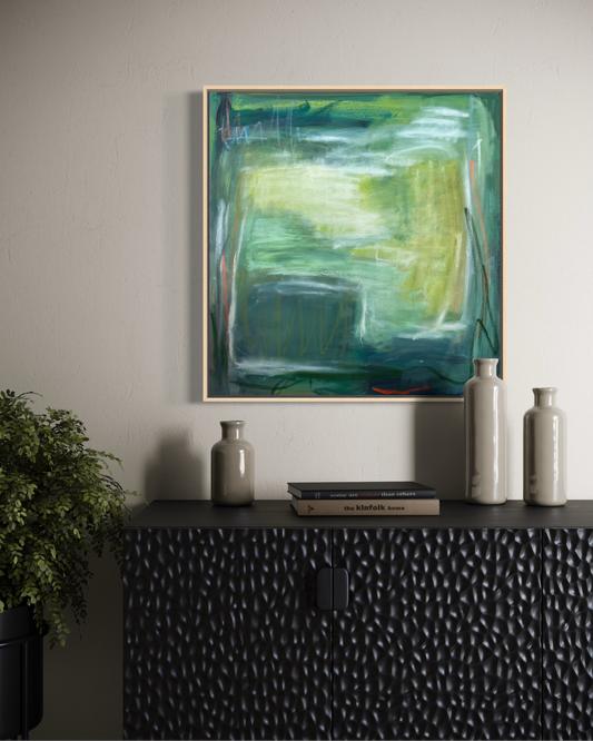 24" x 24" Framed Acrylic and Oil Stick Green Abstract