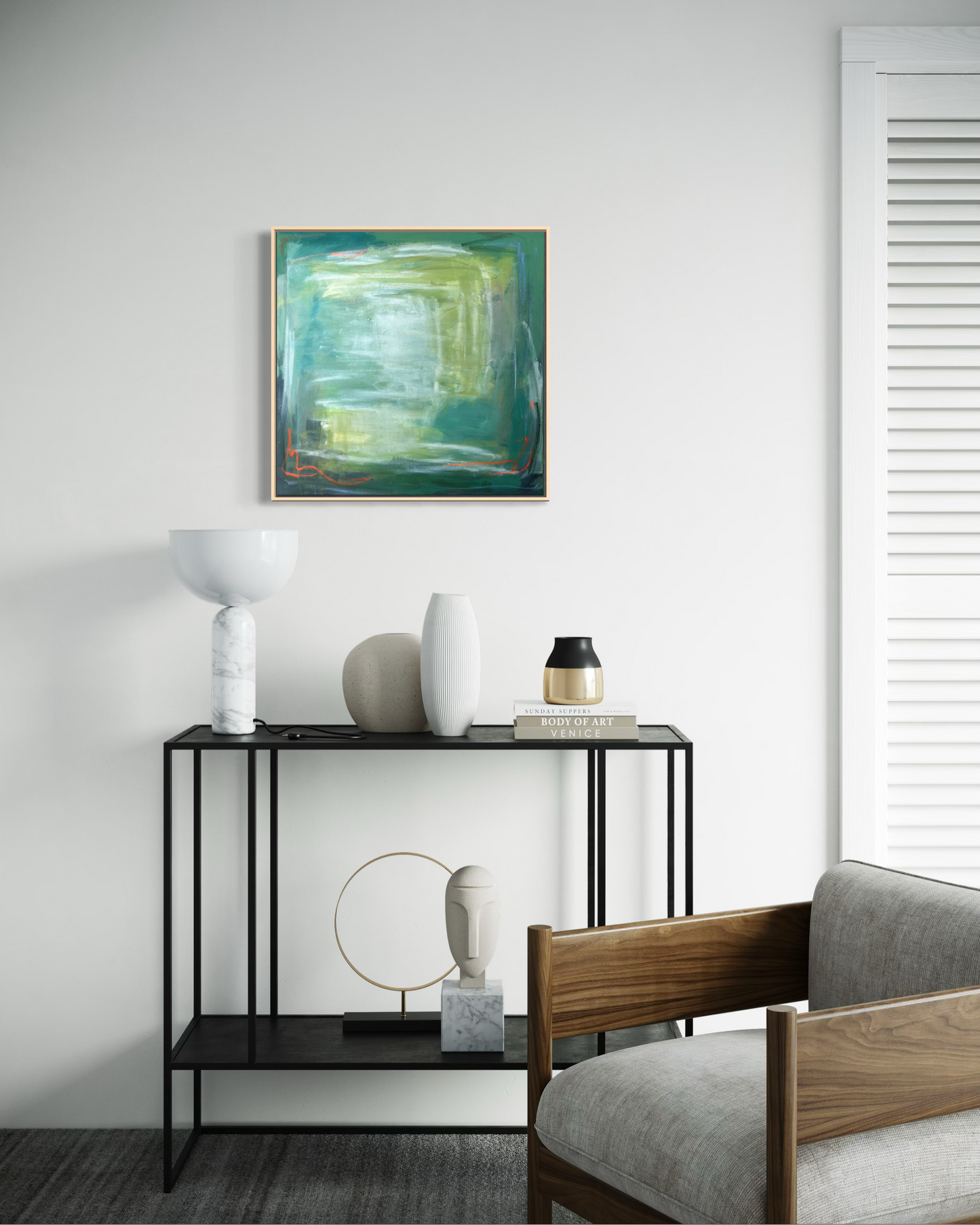 24" x 24" Framed Acrylic and Oil Stick Green Abstract