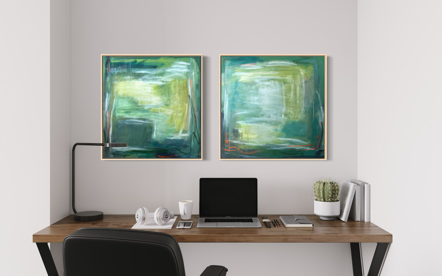 24" x 24" Framed Acrylic and Oil Stick Green Abstract