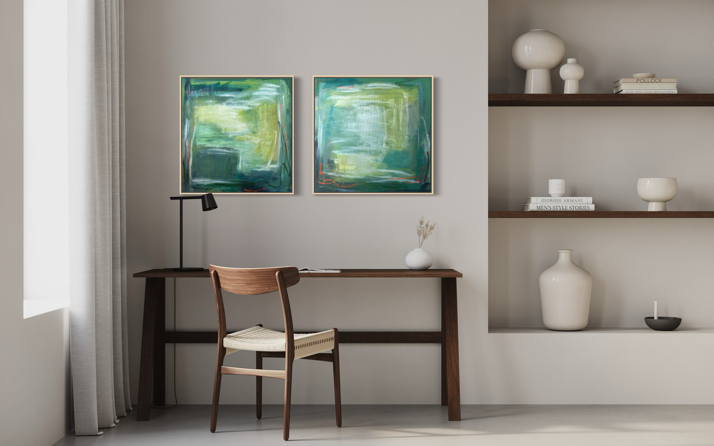 24" x 24" Framed Acrylic and Oil Stick Green Abstract