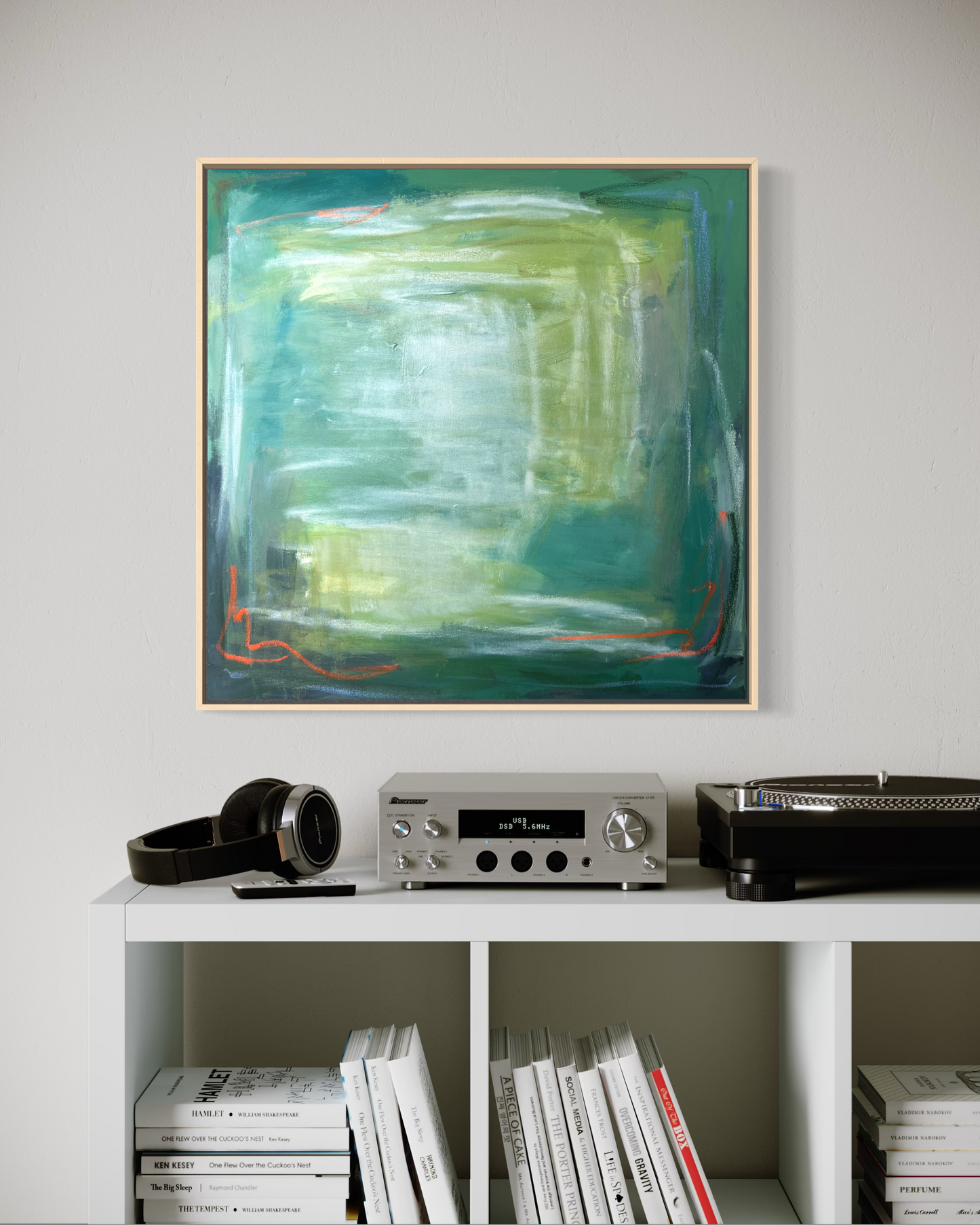 24" x 24" Framed Acrylic and Oil Stick Green Abstract