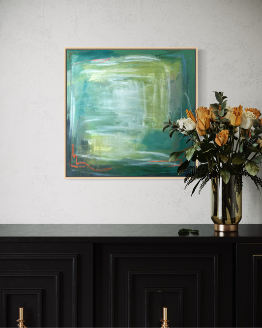 24" x 24" Framed Acrylic and Oil Stick Green Abstract