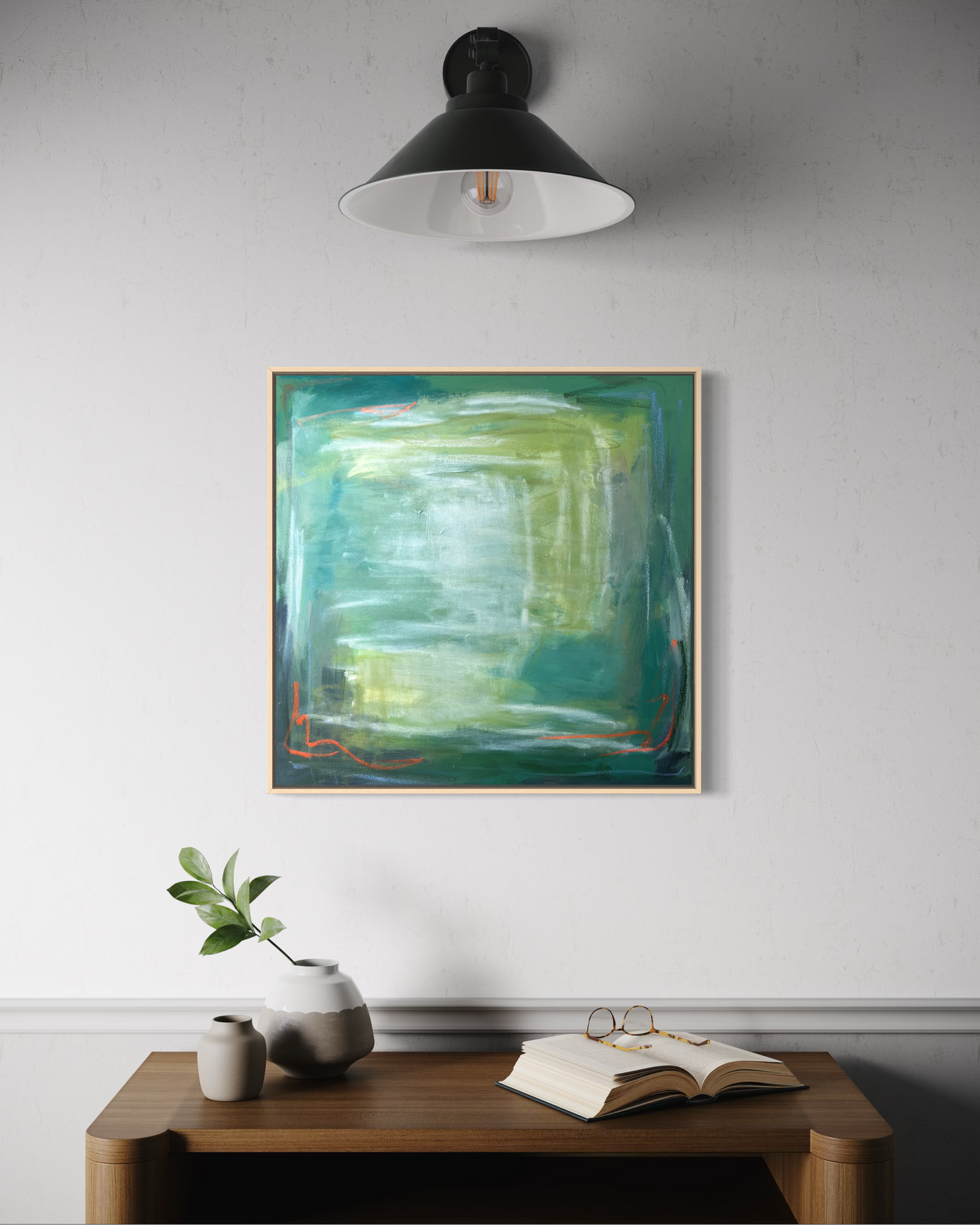 24" x 24" Framed Acrylic and Oil Stick Green Abstract