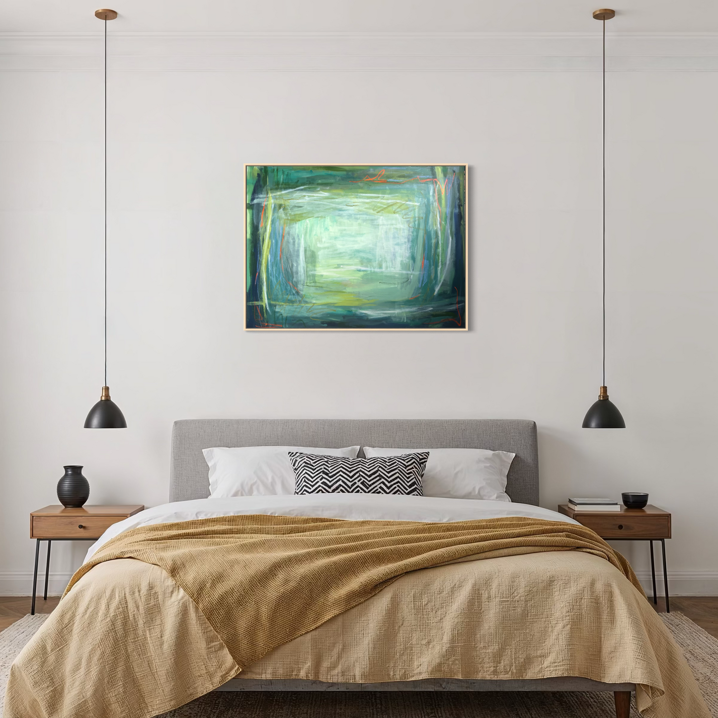 36" x 48" Acrylic and Oil Stick Green Abstract