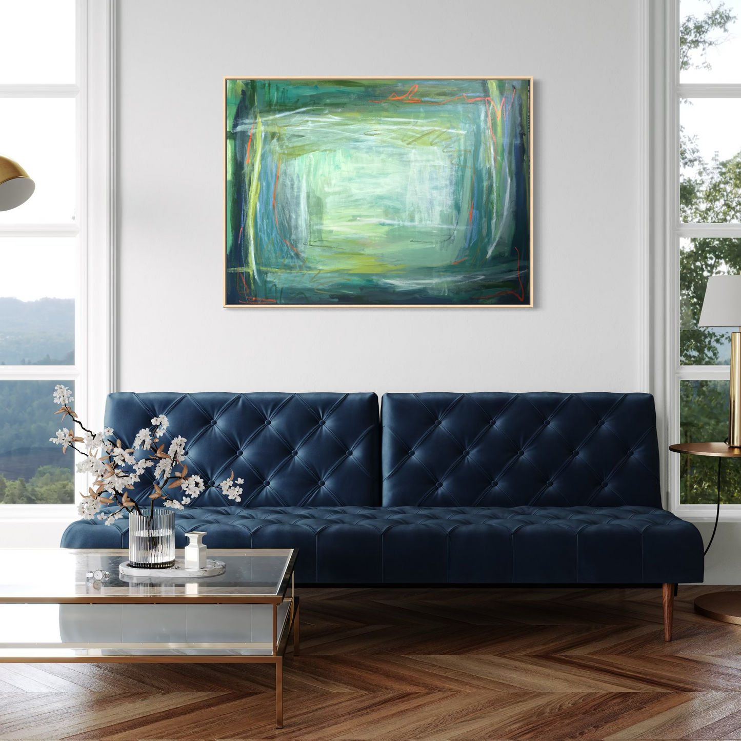 36" x 48" Acrylic and Oil Stick Green Abstract