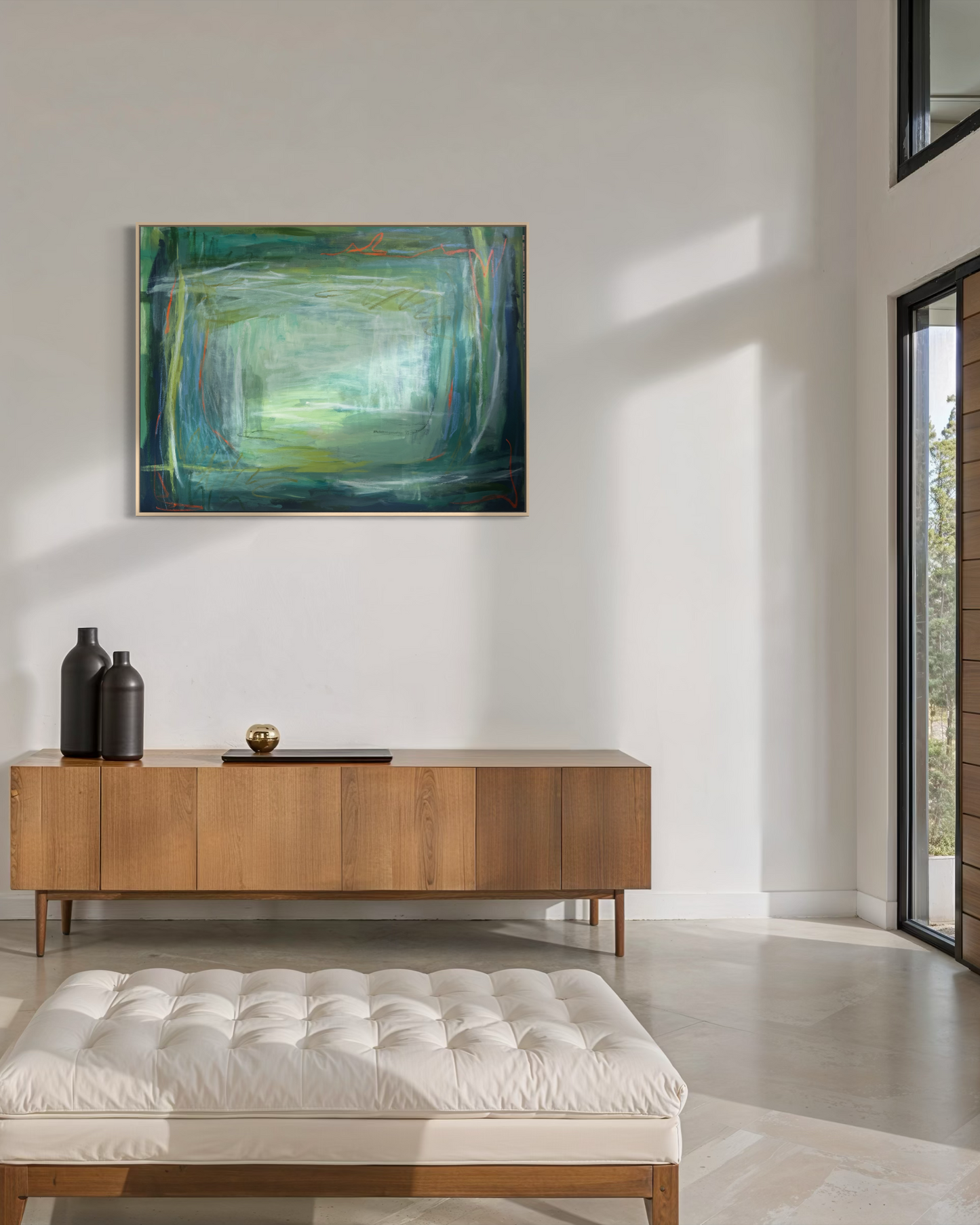 36" x 48" Acrylic and Oil Stick Green Abstract