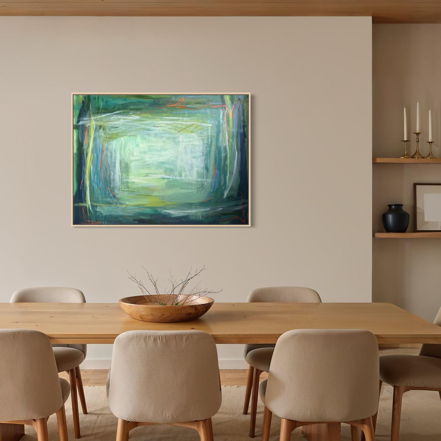 36" x 48" Acrylic and Oil Stick Green Abstract