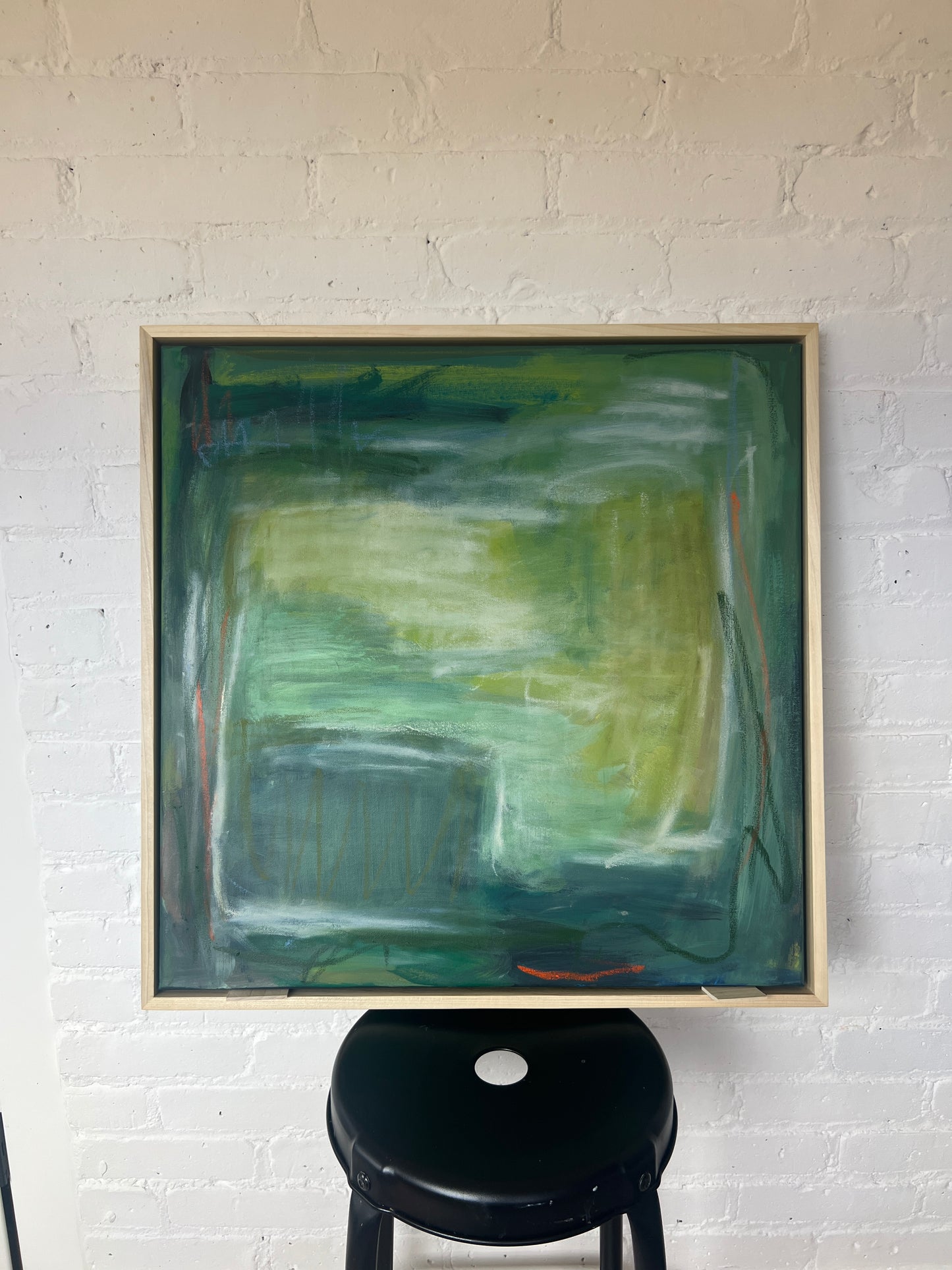 24" x 24" Framed Acrylic and Oil Stick Green Abstract