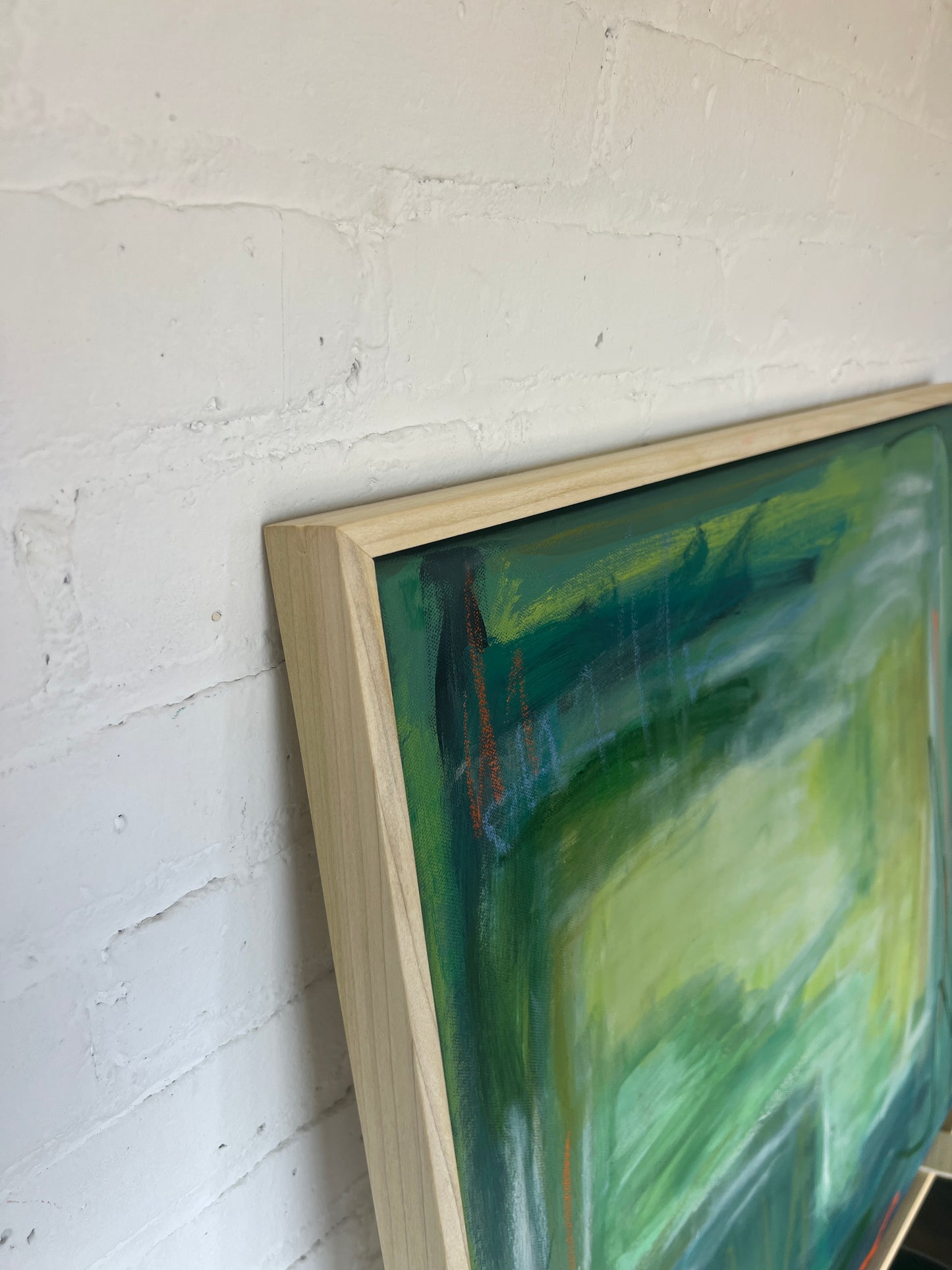 24" x 24" Framed Acrylic and Oil Stick Green Abstract