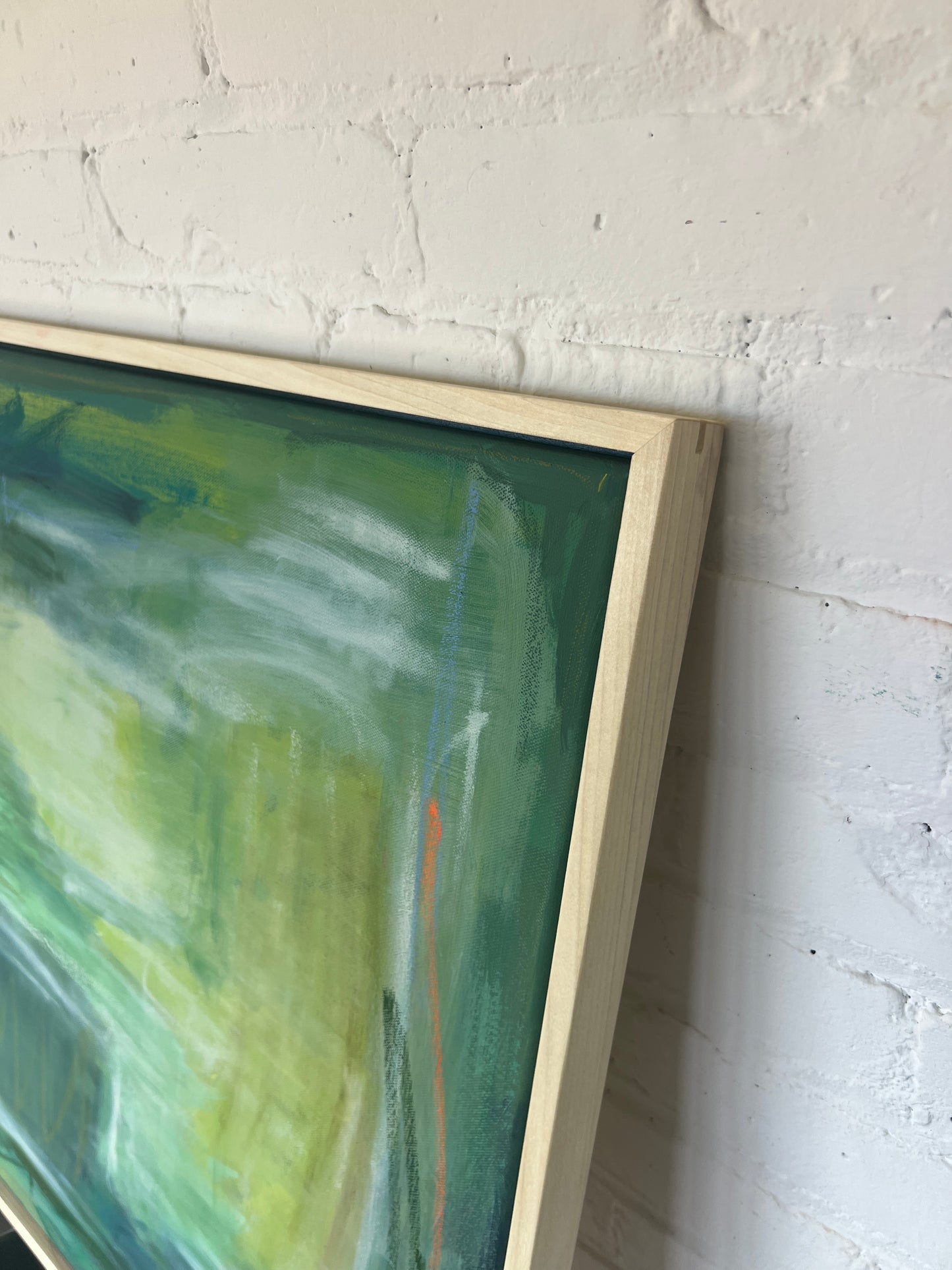 24" x 24" Framed Acrylic and Oil Stick Green Abstract