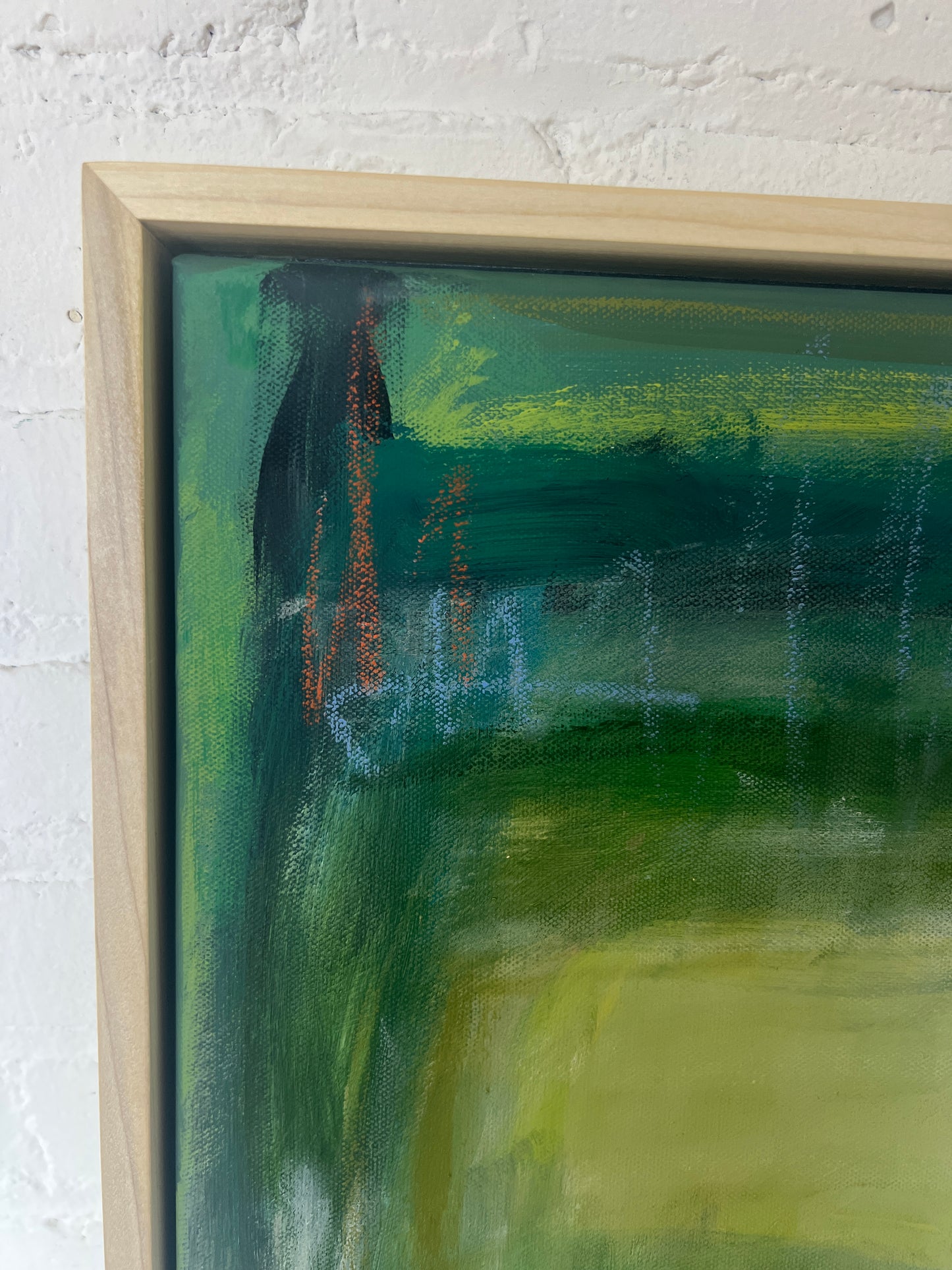 24" x 24" Framed Acrylic and Oil Stick Green Abstract