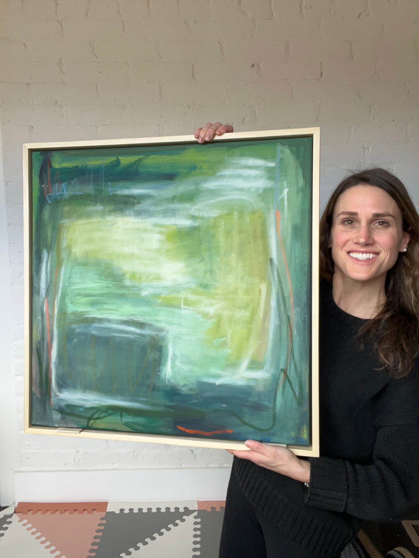 24" x 24" Framed Acrylic and Oil Stick Green Abstract