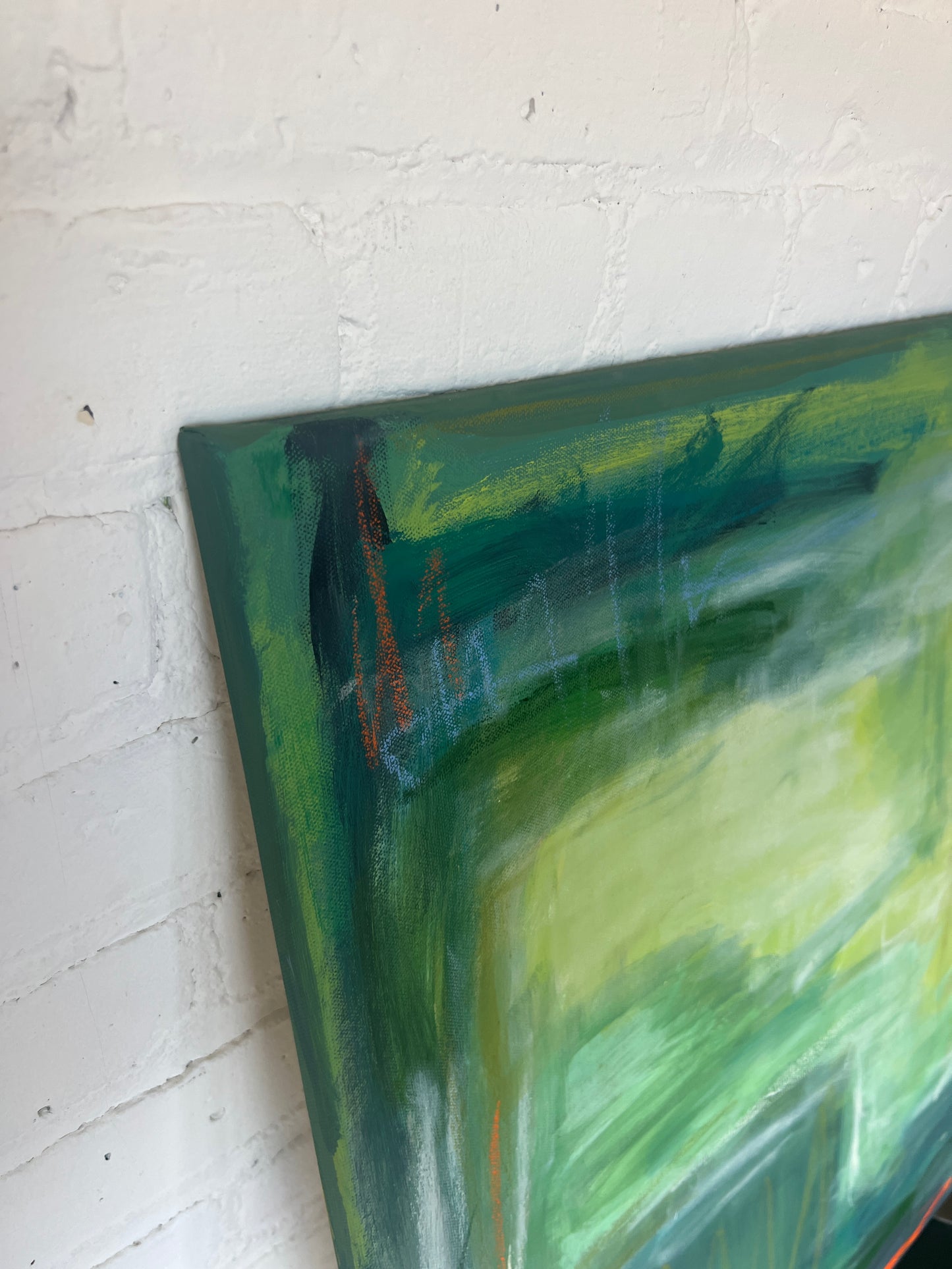 24" x 24" Framed Acrylic and Oil Stick Green Abstract
