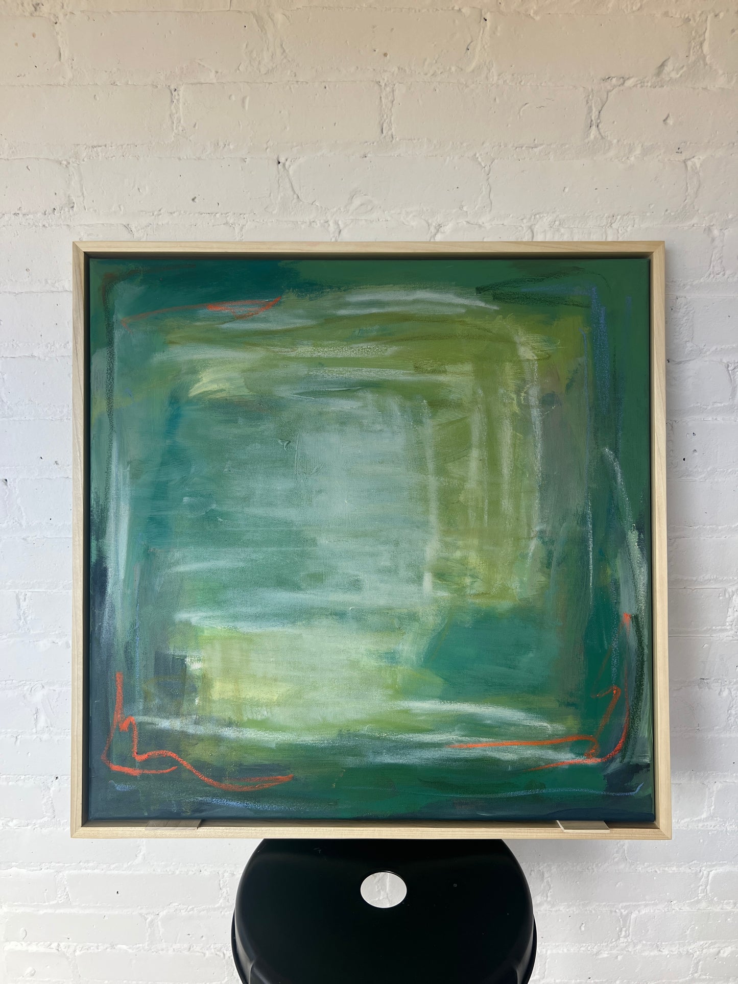 24" x 24" Framed Acrylic and Oil Stick Green Abstract